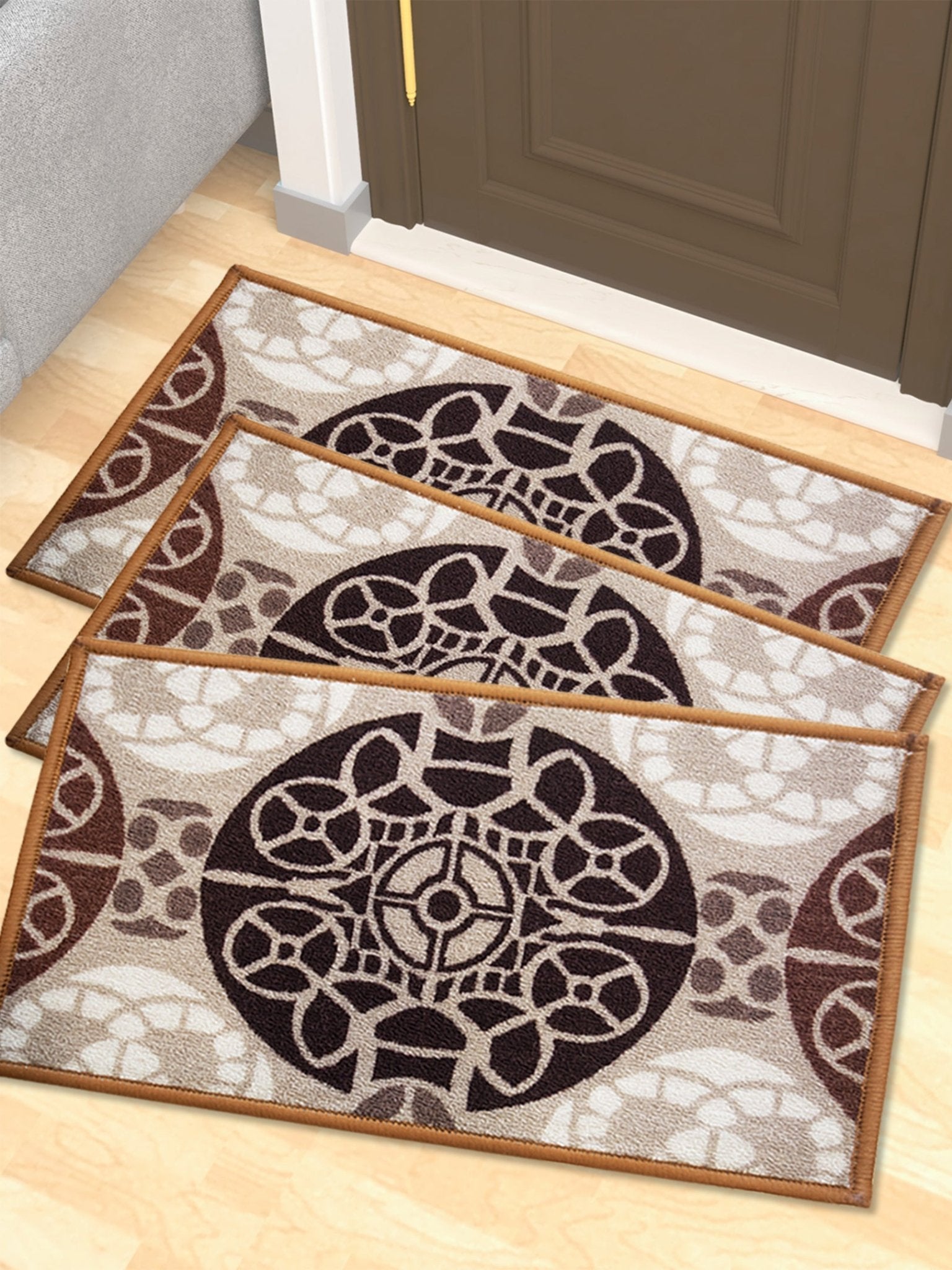 English Beige Premium Anti Slip Printed Door Mat Pack of 3 by Athom Living - Athom Living