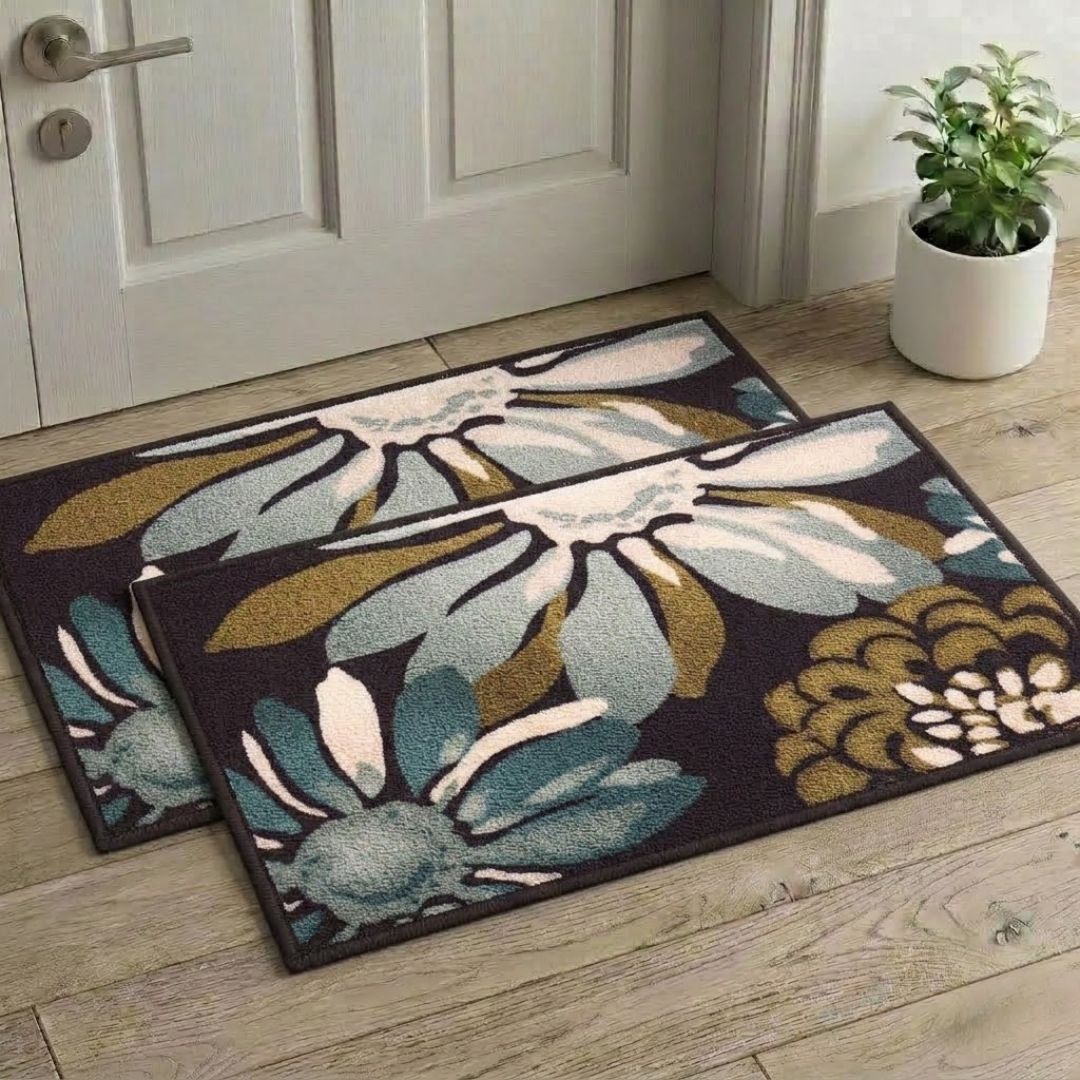 Flower Canvas Premium Anti Slip Printed Door Mat Pack of 2 by Athom Living - Athom Living