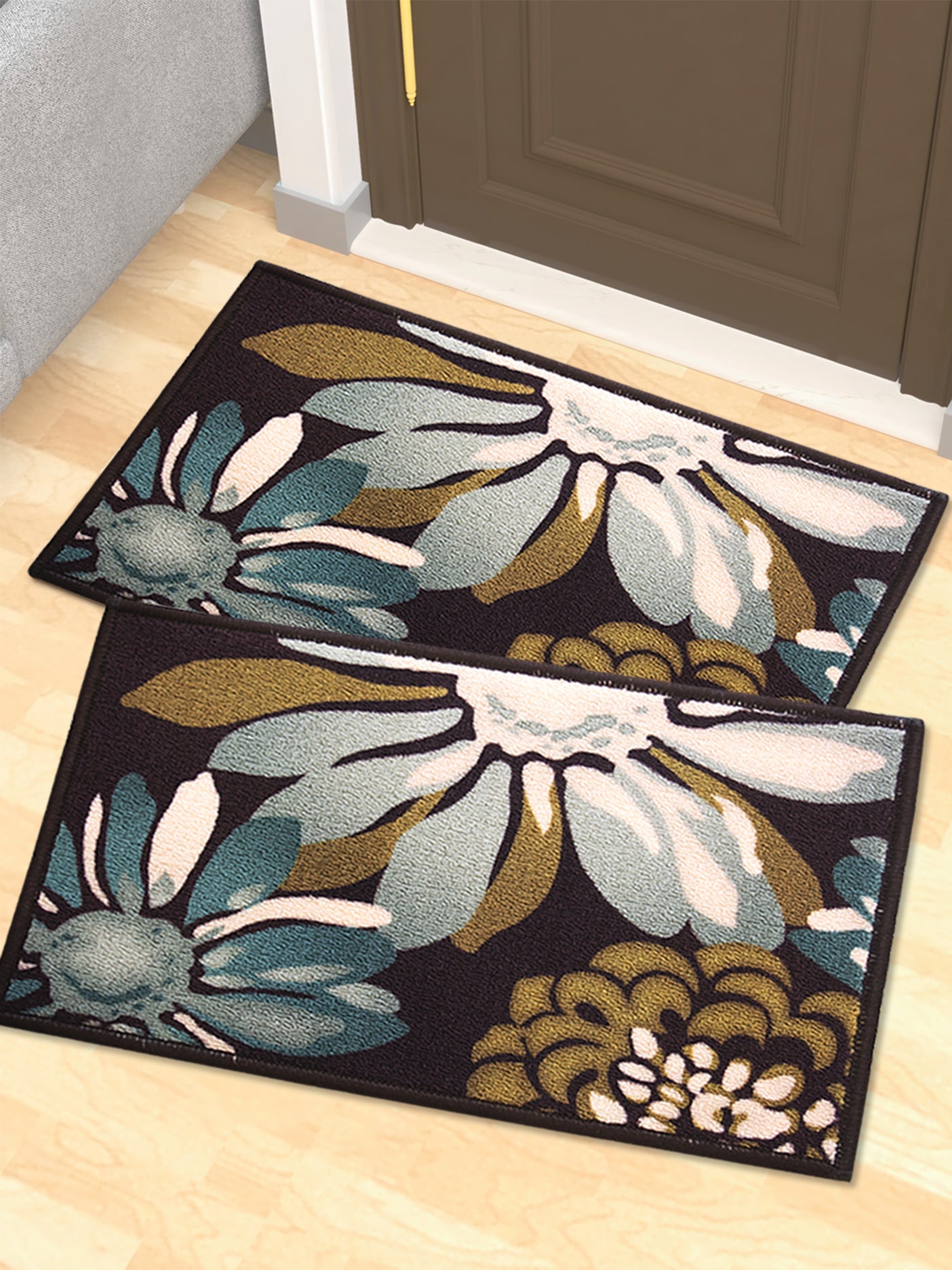 Flower Canvas Premium Anti Slip Printed Door Mat Pack of 2 by Athom Living - Athom Living