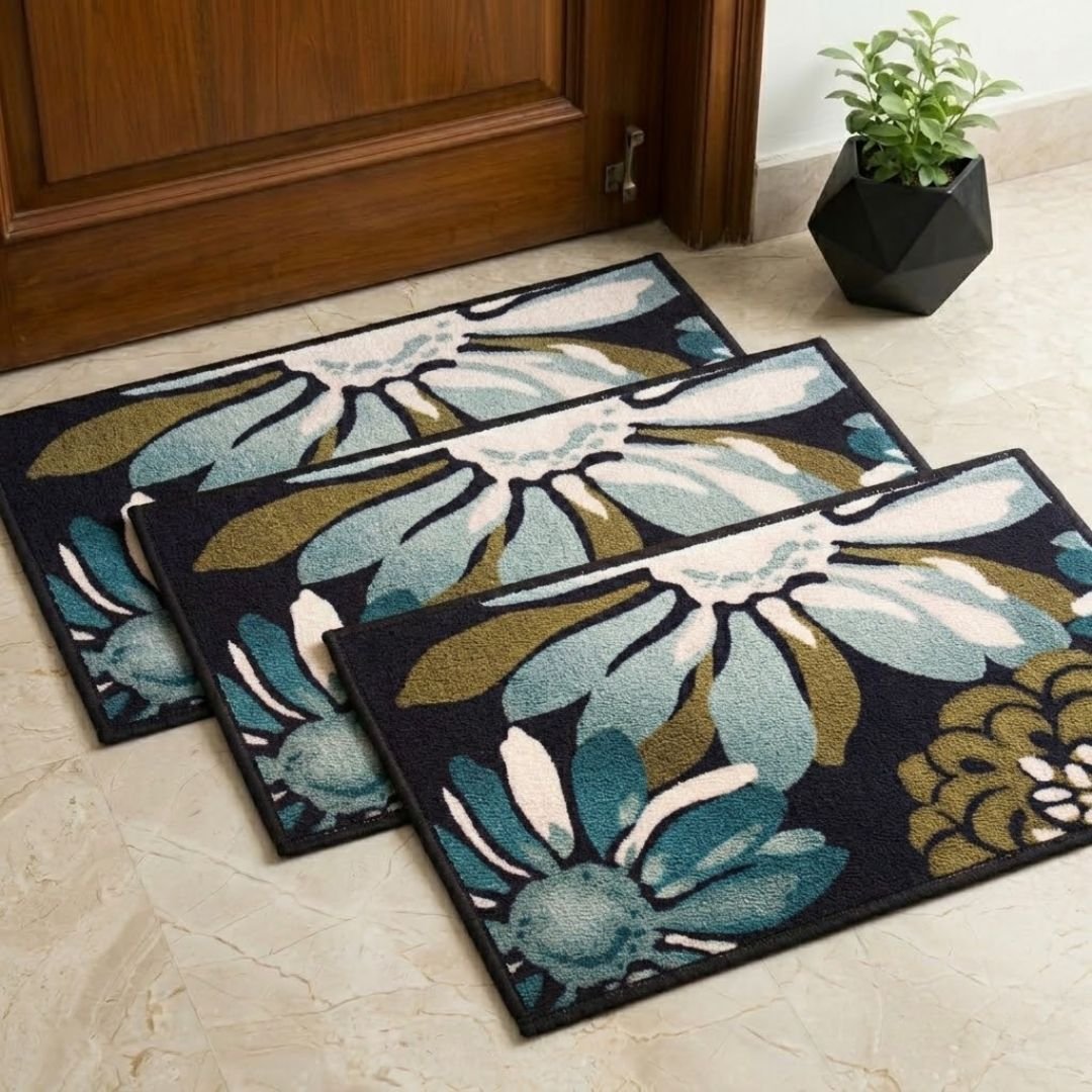 Flower Canvas Premium Anti Slip Printed Door Mat Pack of 3 by Athom Living - Athom Living