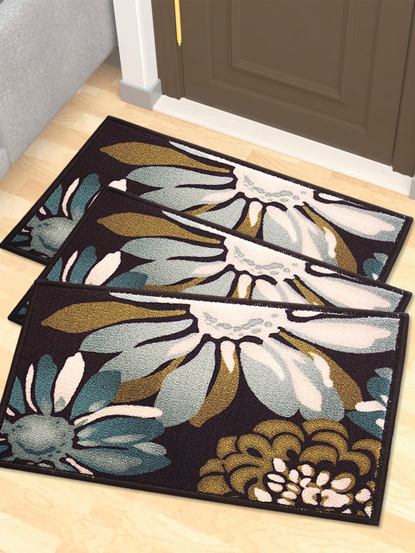 Flower Canvas Premium Anti Slip Printed Door Mat Pack of 3 by Athom Living - Athom Living