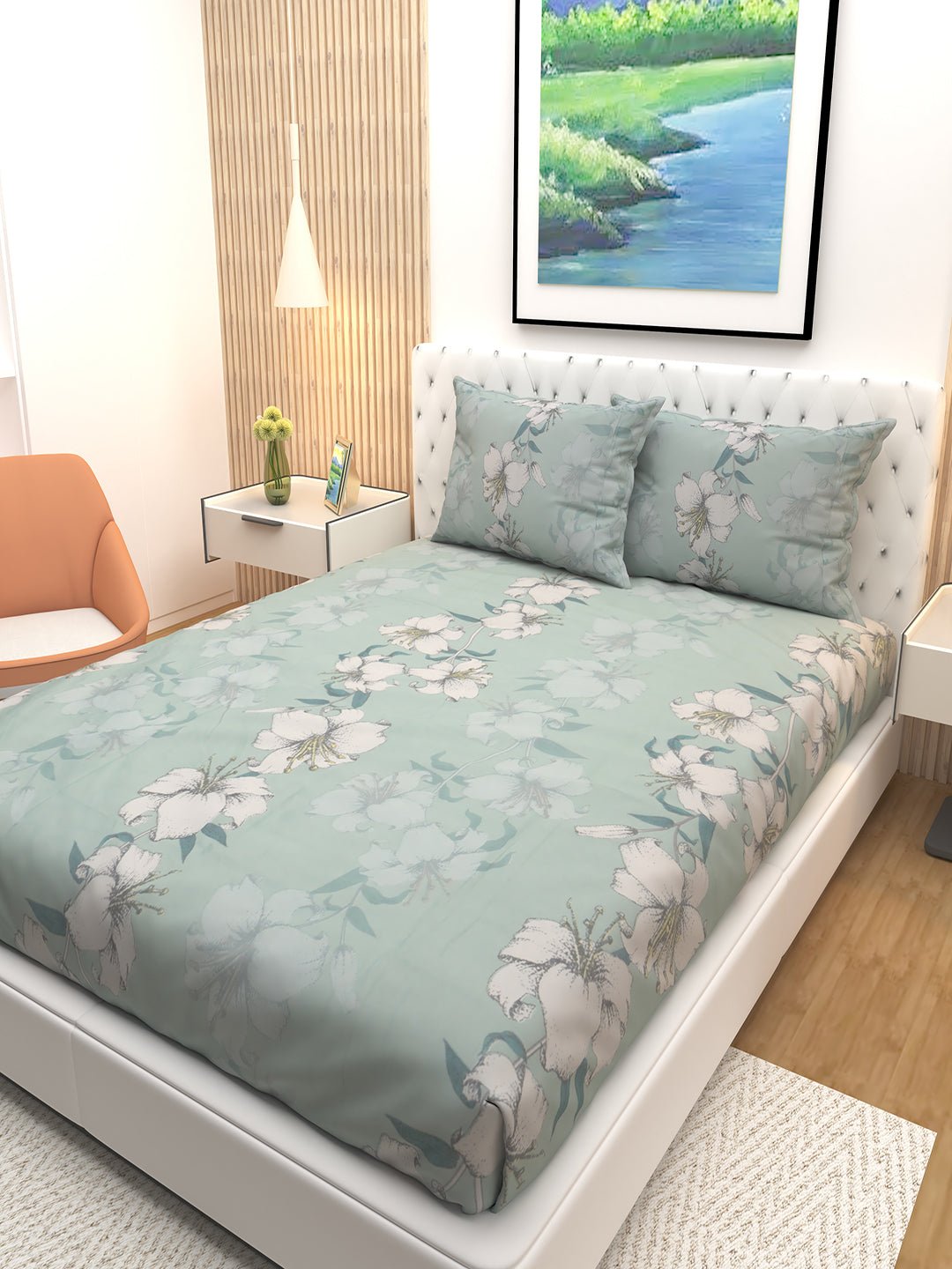 Glaciers Green Double Bedsheet with Viola Flowers with 2 Pillow Covers by Athom Living - Athom Living