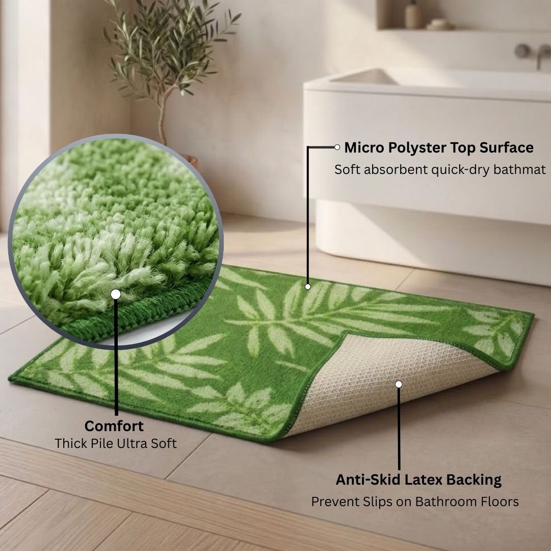 Green Leaf Premium Anti - Slip Printed Bath Mat Set of 3 by Athom Living - Athom Living