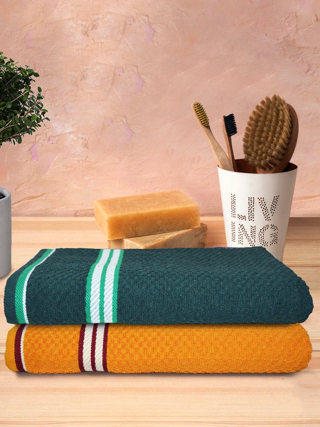 Green & Orange Popcorn Textured Solid Bath Towel (Pack of 2) by Athom Living - Athom Living