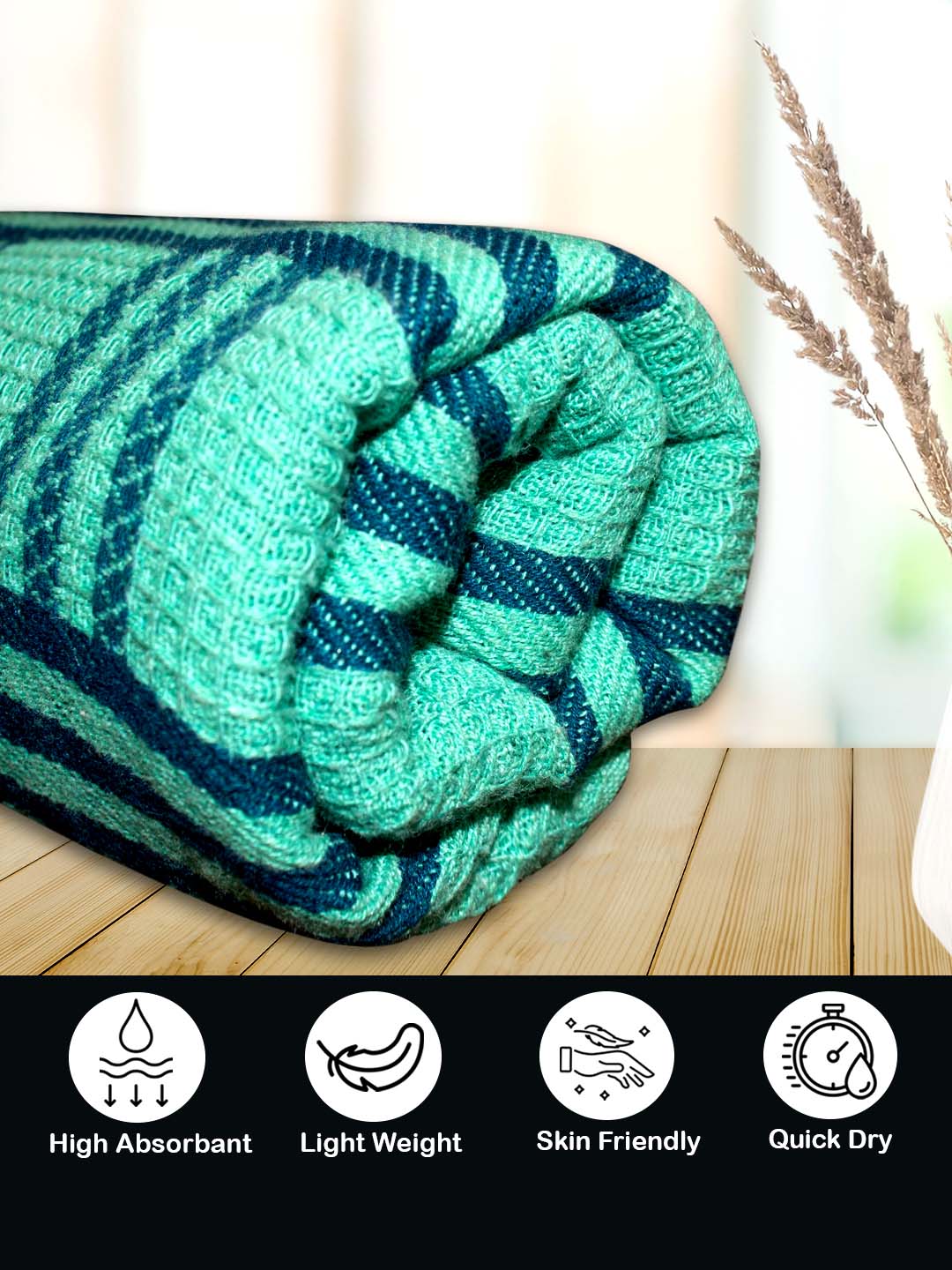 Green Premium Waffle Cotton Bath Towel (Pack of 3) by Athom Living - Athom Living