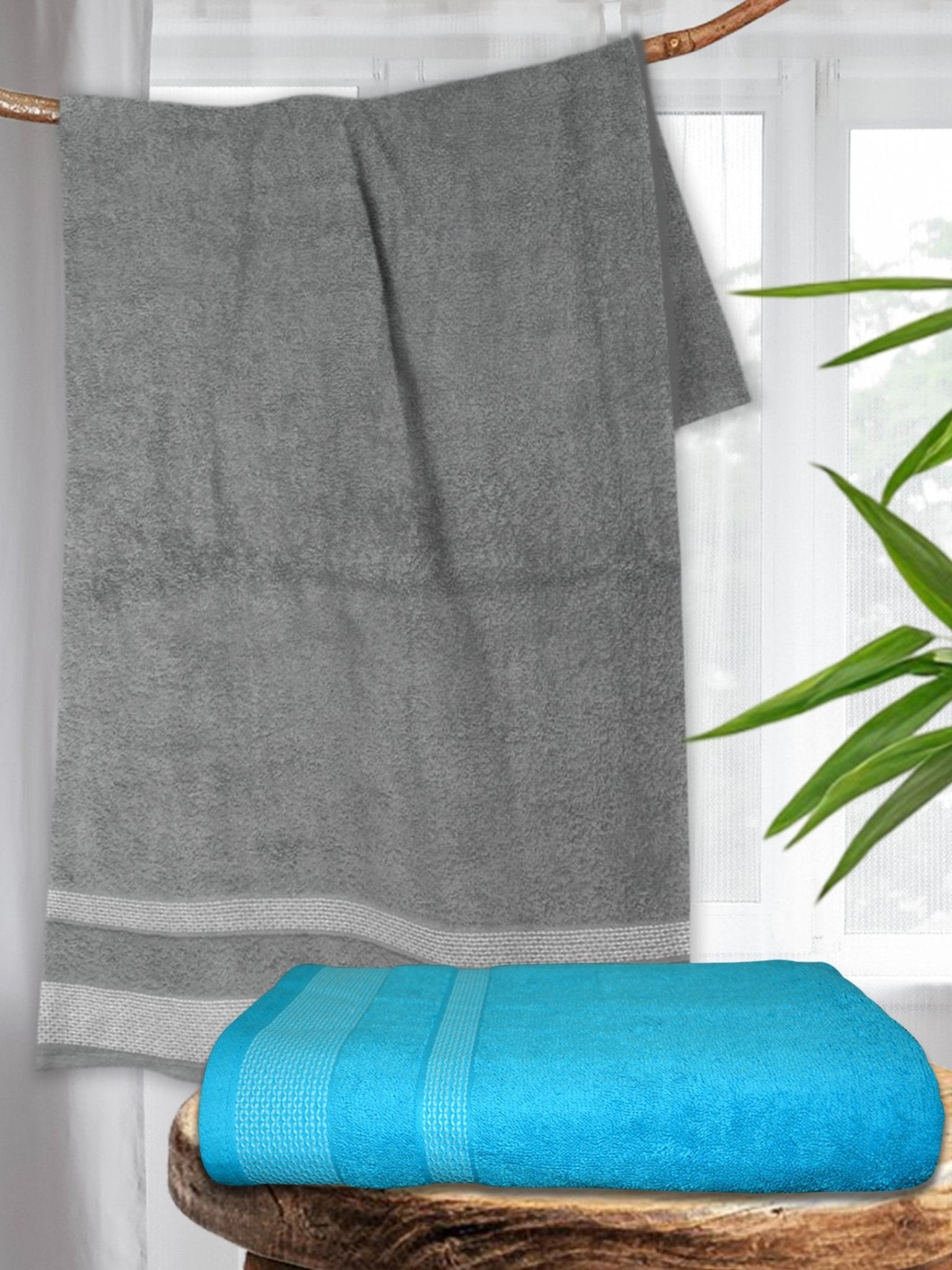 Grey & Blue Premium Cotton Bath Towel (Pack of 2) by Athom Living - Athom Living