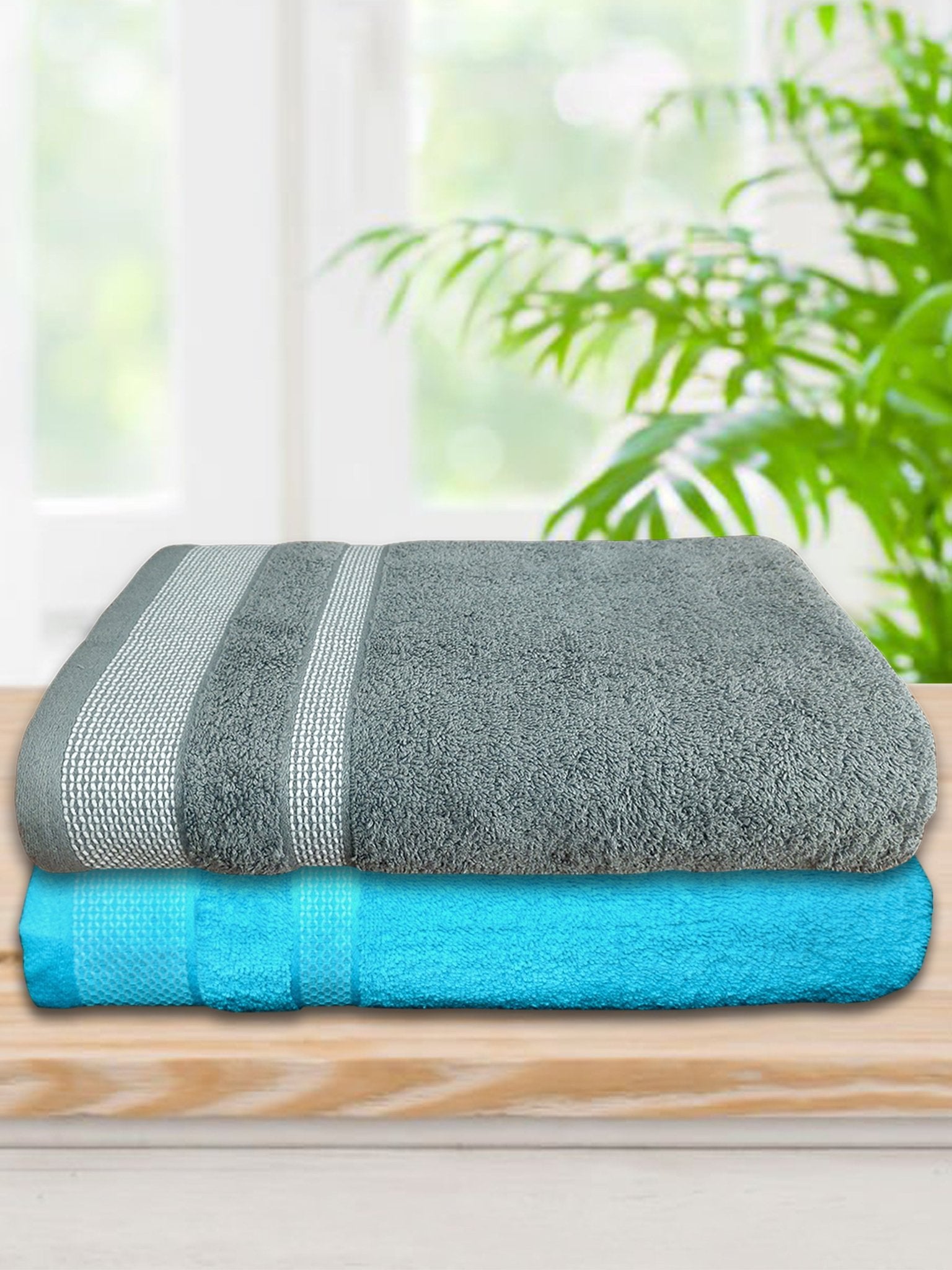 Grey & Blue Premium Cotton Bath Towel (Pack of 2) by Athom Living - Athom Living