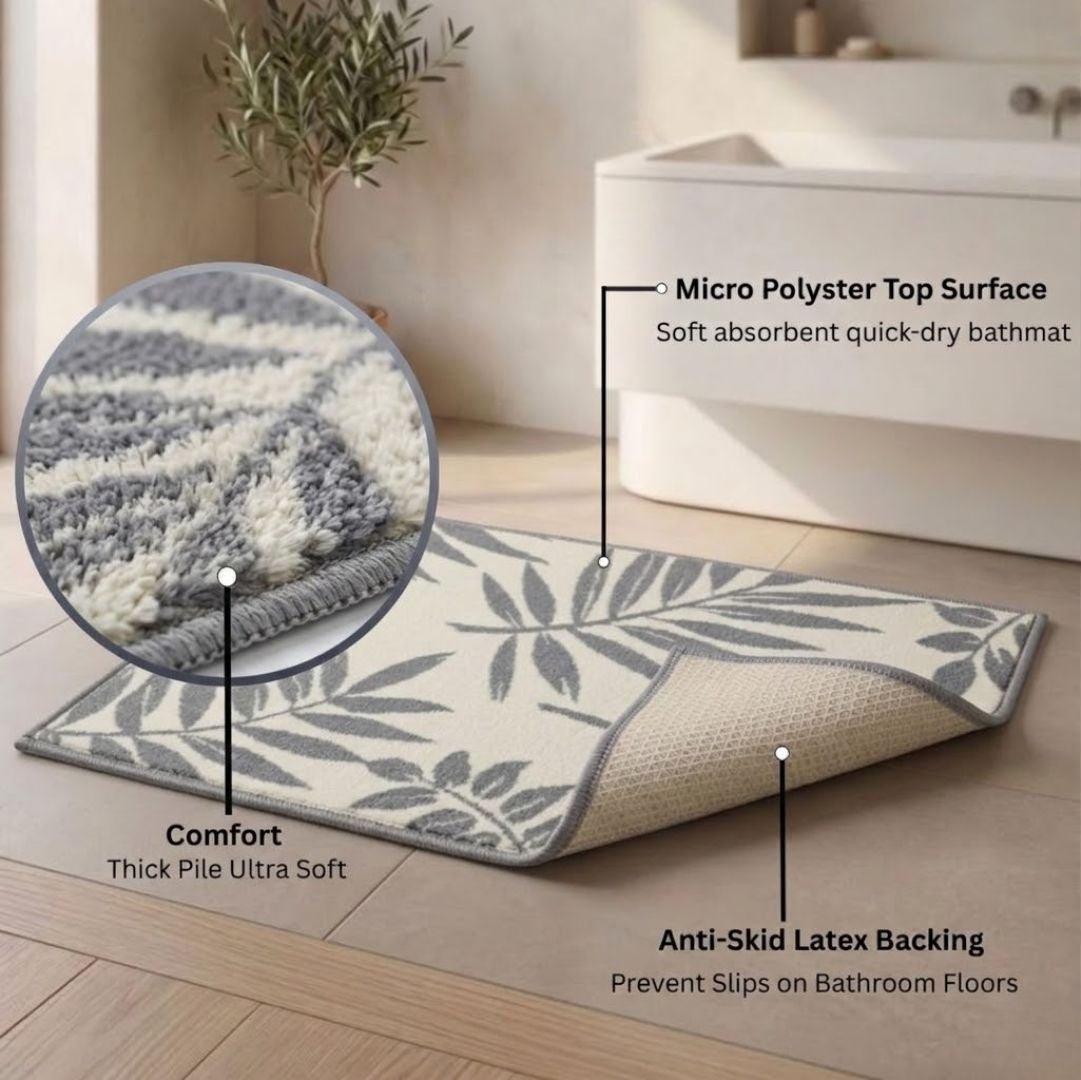 Grey Leaf Micro Designer Soft Anti Slip Bath Mat by Athom Living - Athom Living