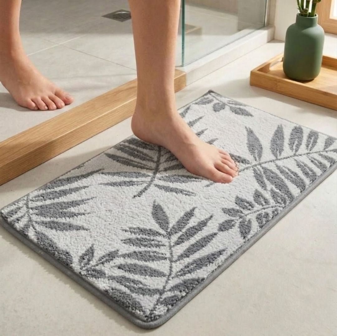 Grey Leaf Micro Designer Soft Anti Slip Bath Mat by Athom Living - Athom Living