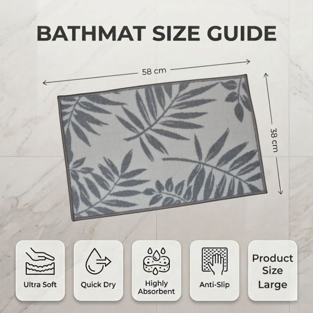 Grey Leaf Micro Designer Soft Anti Slip Bath Mat by Athom Living - Athom Living