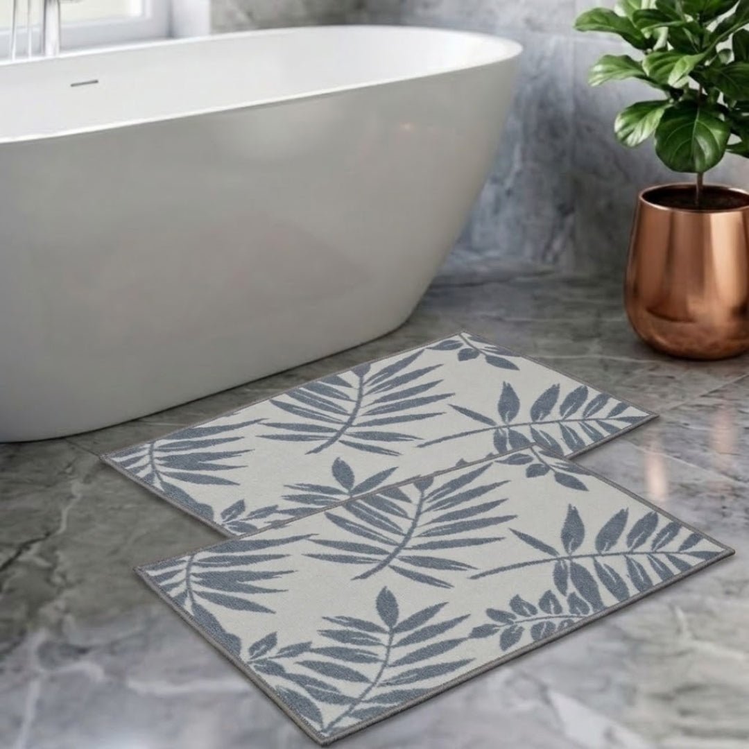Grey Leaf Micro Designer Soft Anti Slip Bath Mat Set of 2 by Athom Living - Athom Living