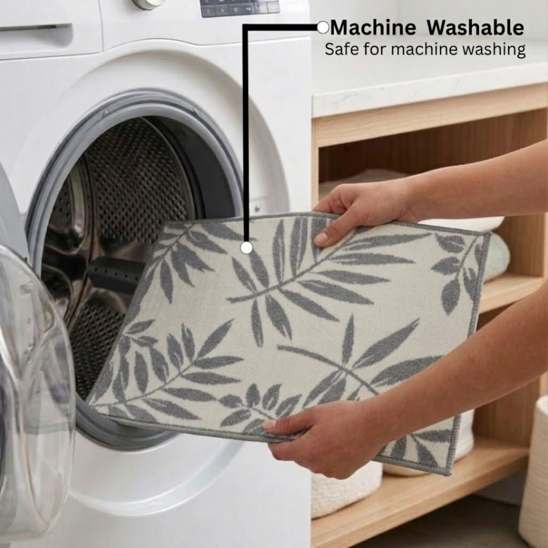Grey Leaf Micro Designer Soft Anti Slip Bath Mat Set of 3 by Athom Living - Athom Living