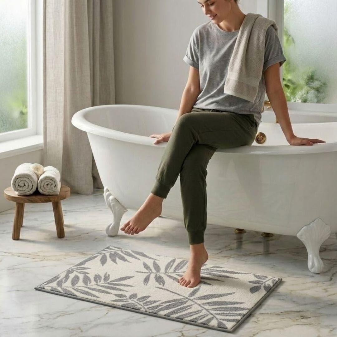 Grey Leaf Micro Designer Soft Anti Slip Bath Mat Set of 3 by Athom Living - Athom Living