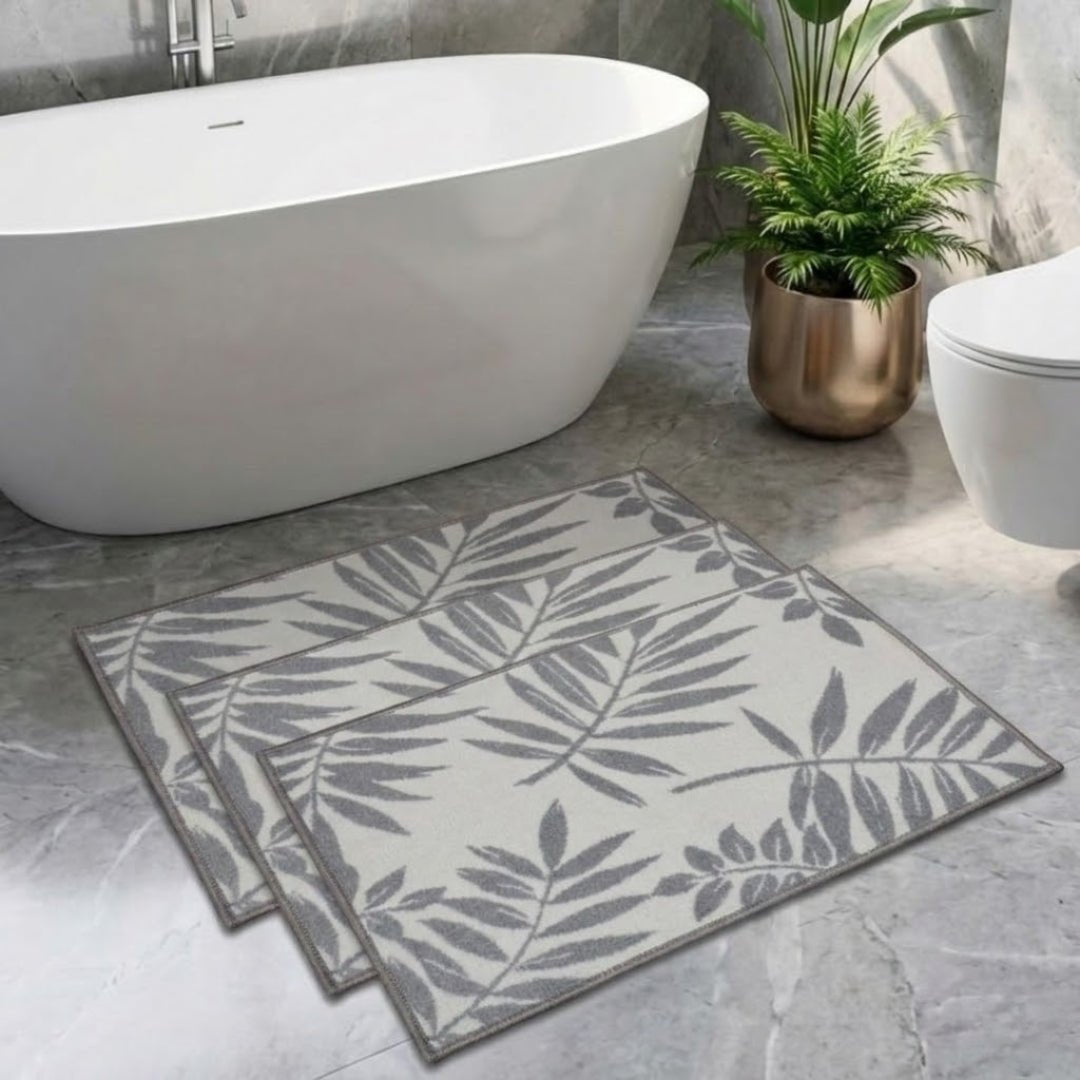 Grey Leaf Micro Designer Soft Anti Slip Bath Mat Set of 3 by Athom Living - Athom Living