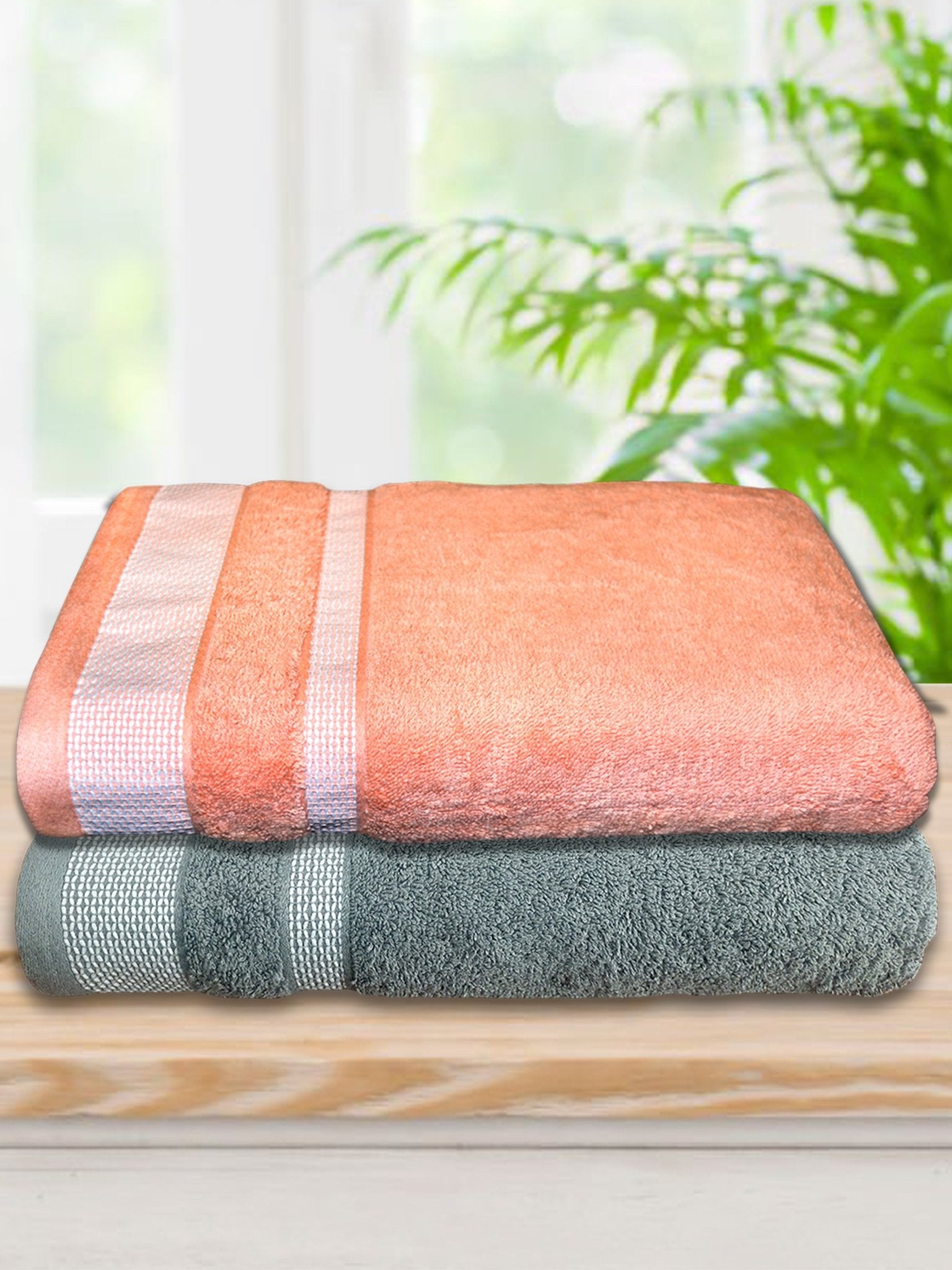 Grey & Orange Premium Cotton Bath Towel (Pack of 2) by Athom Living - Athom Living