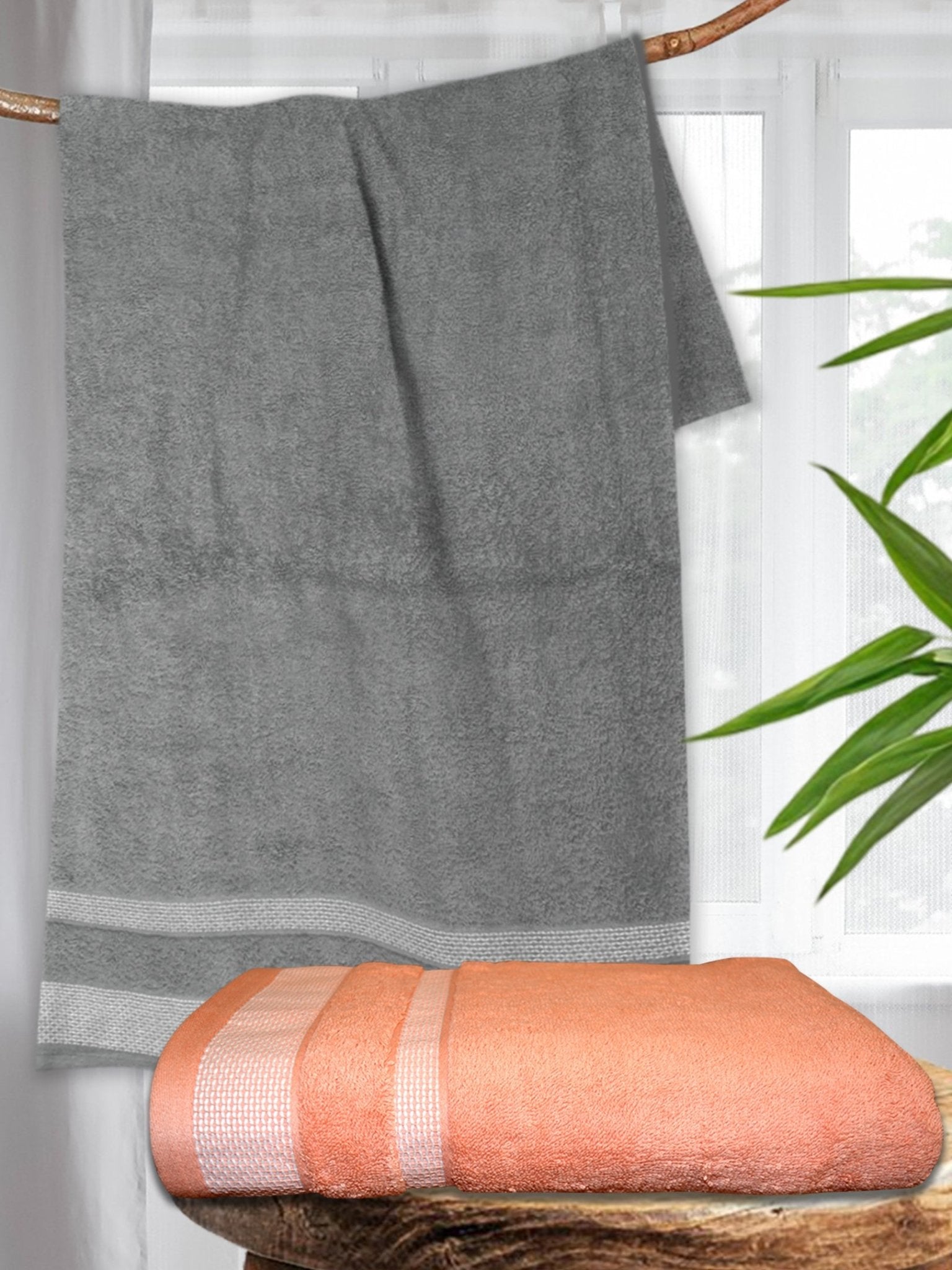 Grey & Orange Premium Cotton Bath Towel (Pack of 2) by Athom Living - Athom Living
