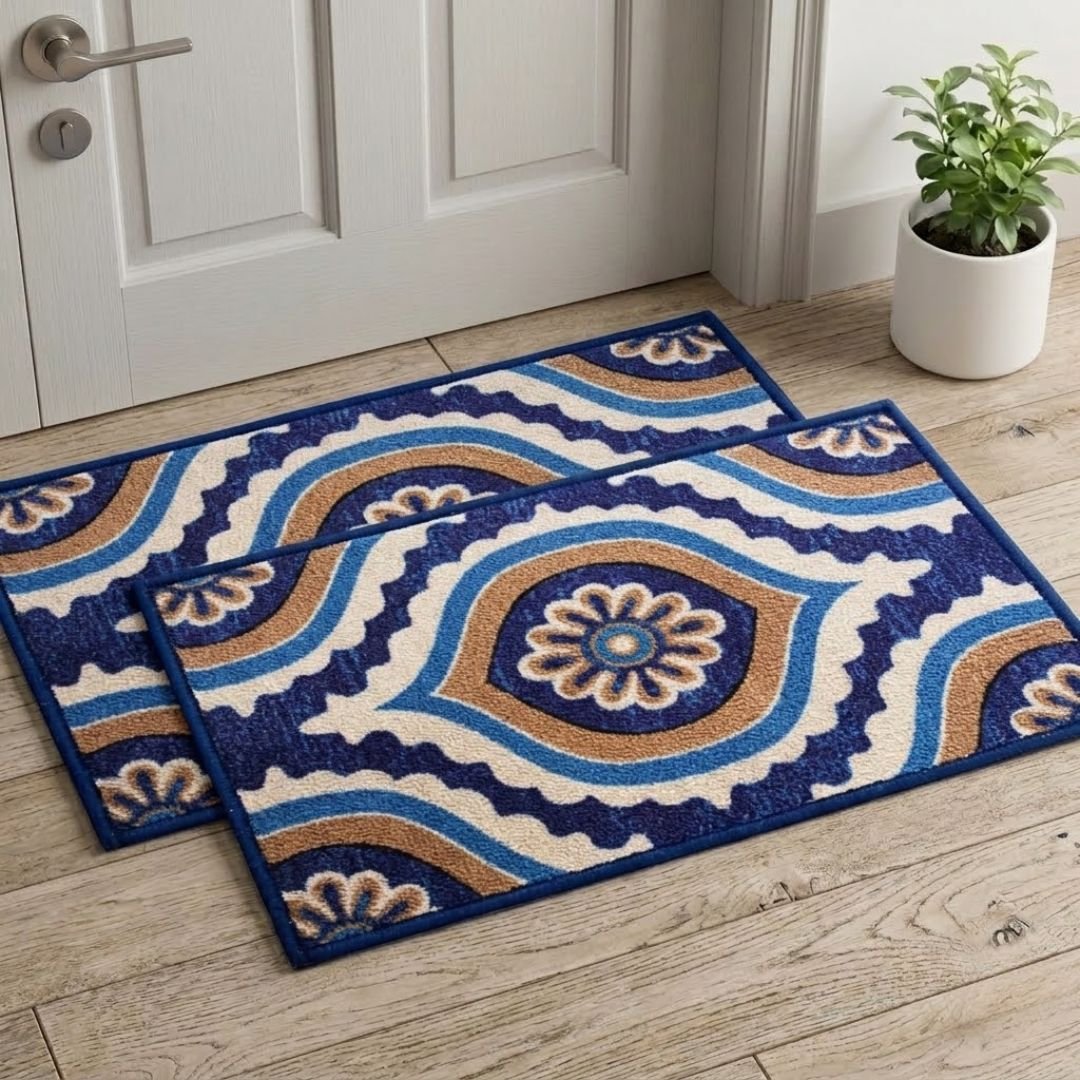 Ikat Blue Premium Anti Slip Printed Door Mat Pack of 2 by Athom Living - Athom Living
