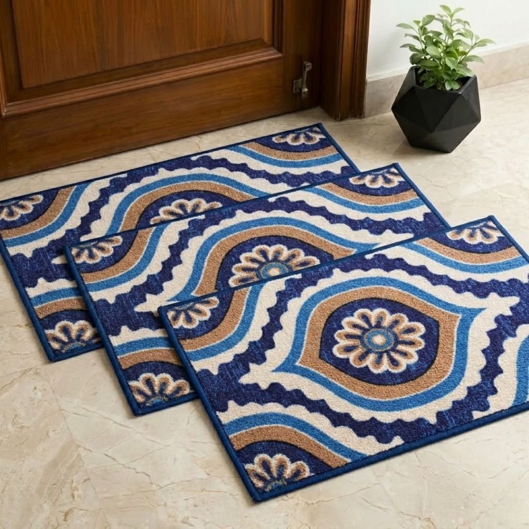 Ikat Blue Premium Anti Slip Printed Door Mat Pack of 3 by Athom Living - Athom Living