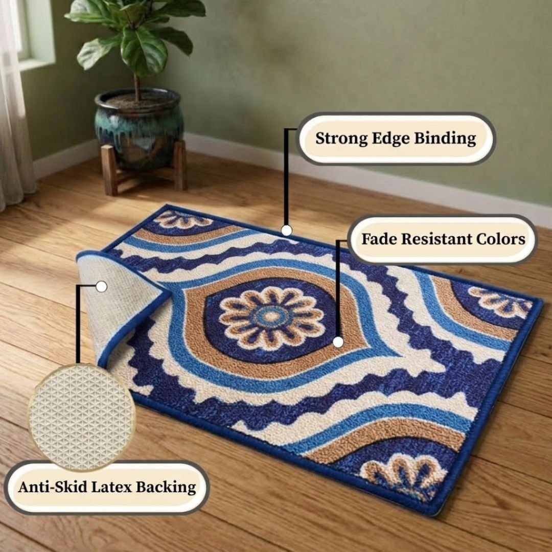 Ikat Blue Premium Anti Slip Printed Door Mat Pack of 3 by Athom Living - Athom Living