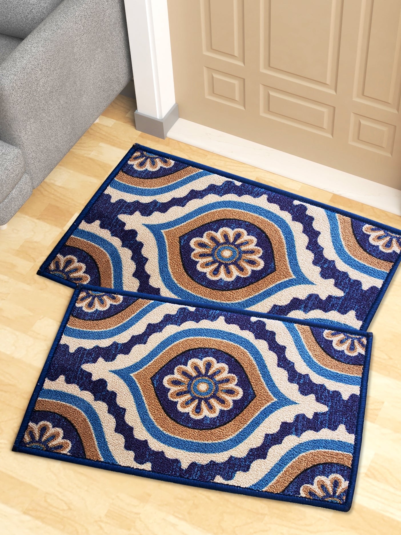 Ikat Blue Premium Anti Slip Printed Door Mat Pack of 3 by Athom Living - Athom Living