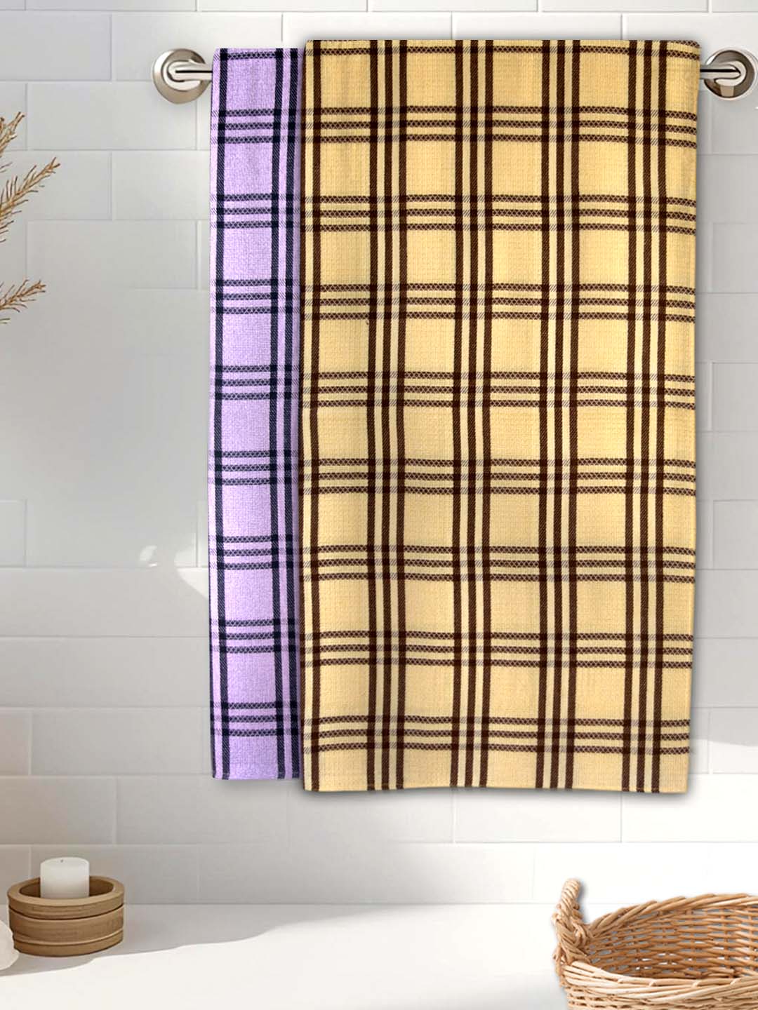 Lavender & Yellow Premium Waffle Cotton Bath Towel (Pack of 2) by Athom Living - Athom Living