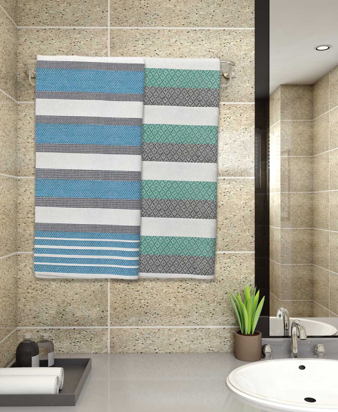 Light Blue & Mint Green Light Weight Premium Cotton Bath Towel Pack of 2 by Athom Living - Athom Living