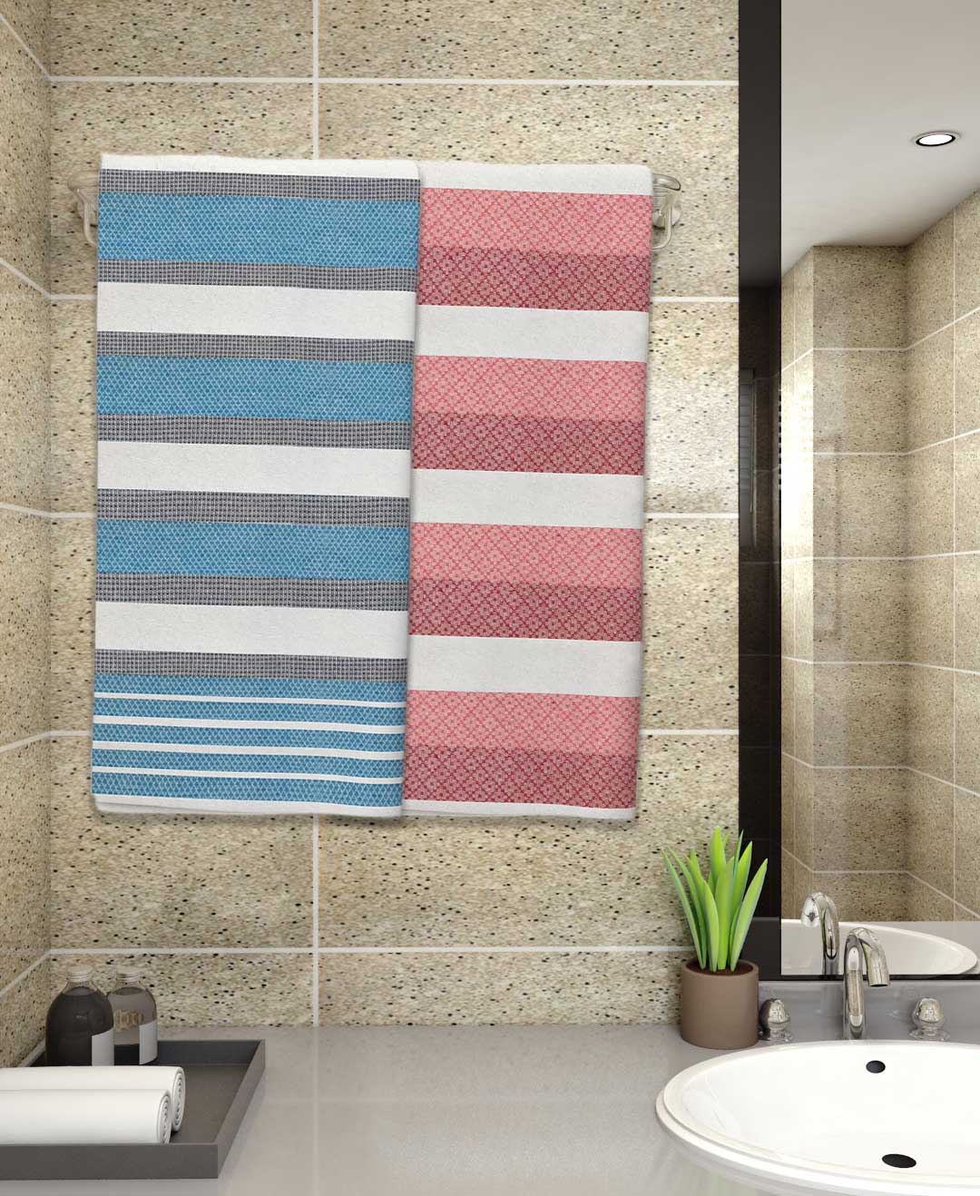 Light Blue & Rose Pink Light Weight Premium Cotton Bath Towel (Pack of 2) by Athom Living - Athom Living