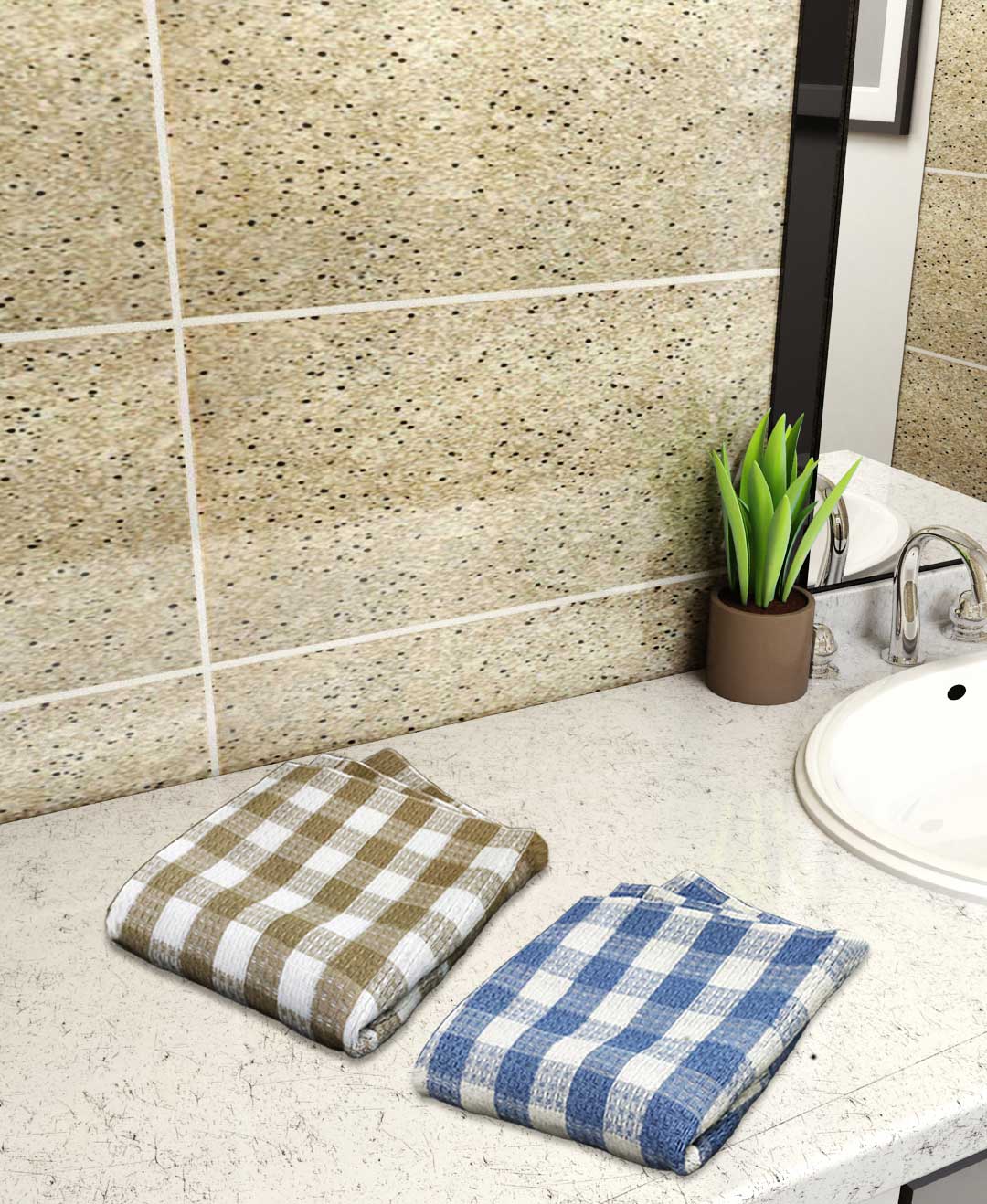 Light Brown & Blue Light weight Premium Cotton Bath Towel (Pack of 2) by Athom Living - Athom Living