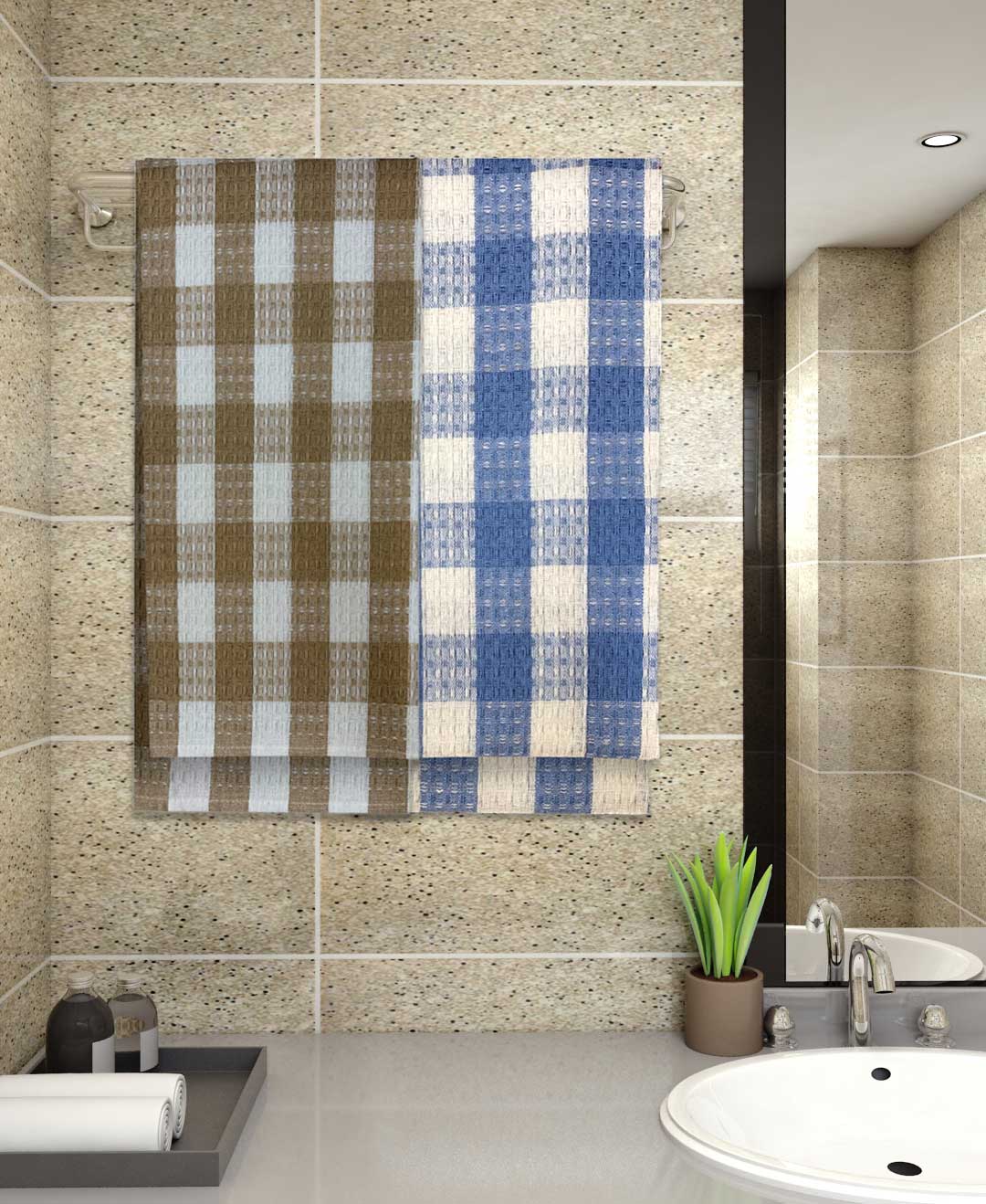 Light Brown & Blue Light weight Premium Cotton Bath Towel (Pack of 2) by Athom Living - Athom Living
