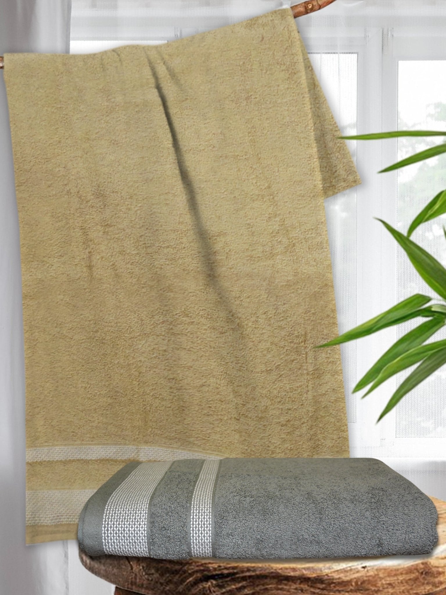 Light Brown & Grey Premium Cotton Bath Towel (Pack of 2) by Athom Living - Athom Living