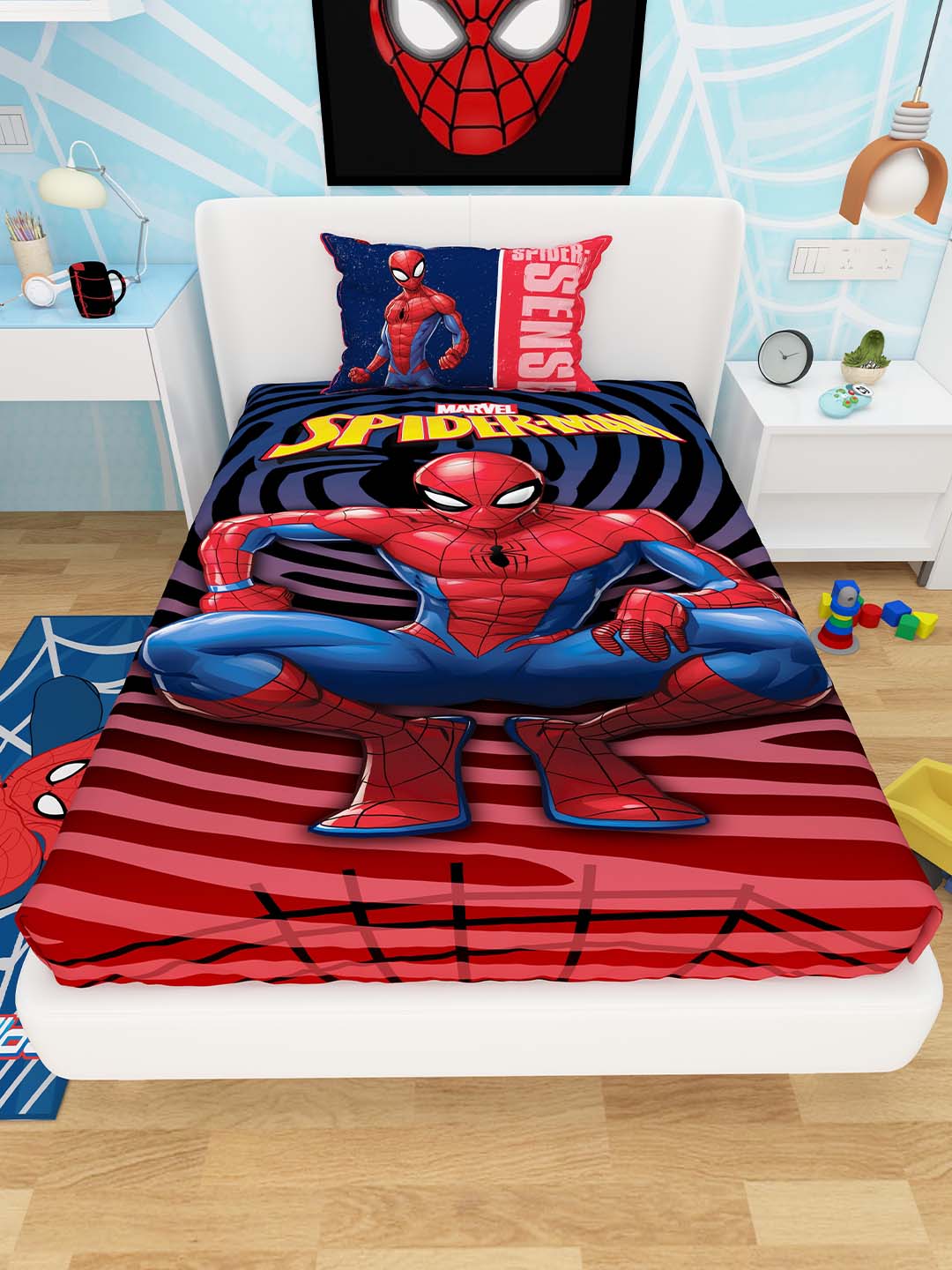 Marvel Spiderman Athom Living Kids Cotton Multicoloured Single bedsheet (147 x 223cm) - Athom Living
