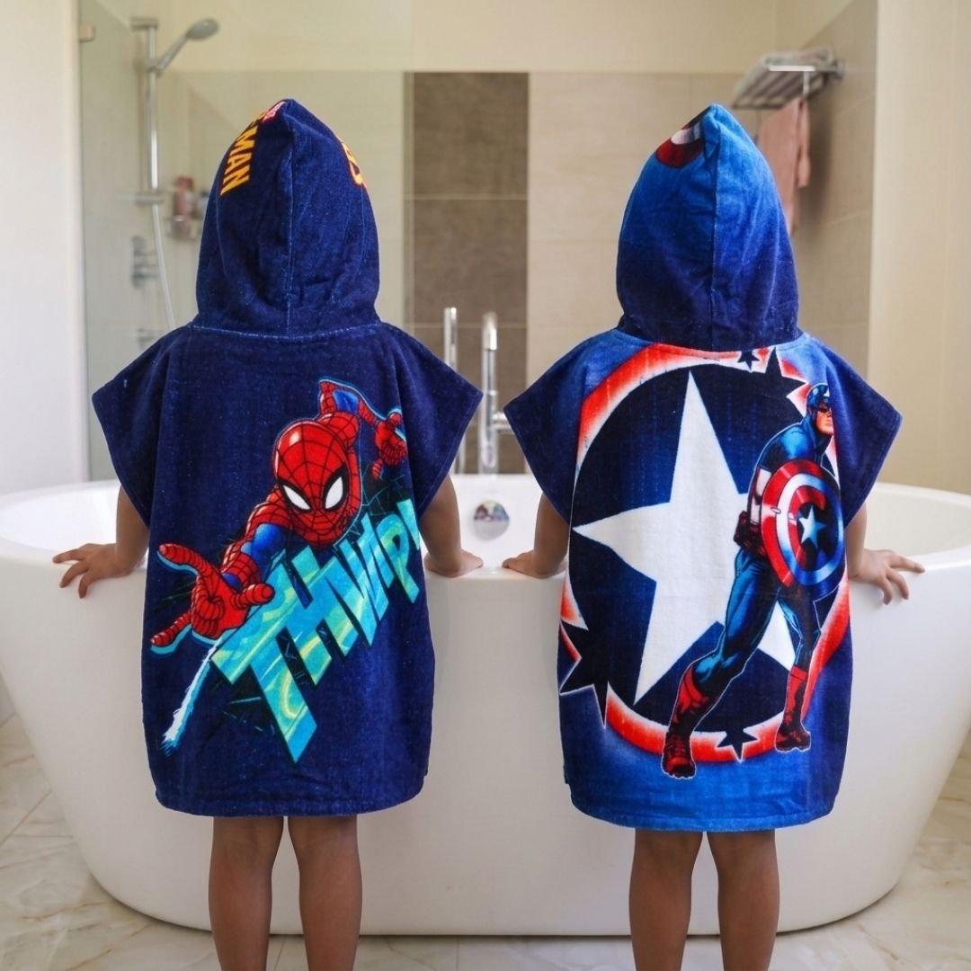 Marvel Spiderman & Captain America Hooded Poncho Kids Towels Combo Pack of 2 by Athom Living - Athom Living