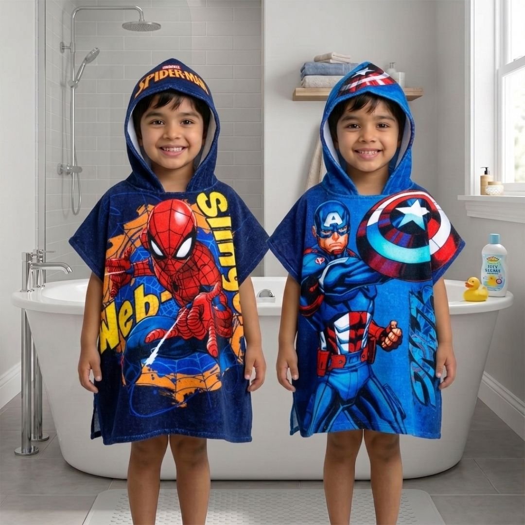 Marvel Spiderman & Captain America Hooded Poncho Kids Towels Combo Pack of 2 by Athom Living - Athom Living
