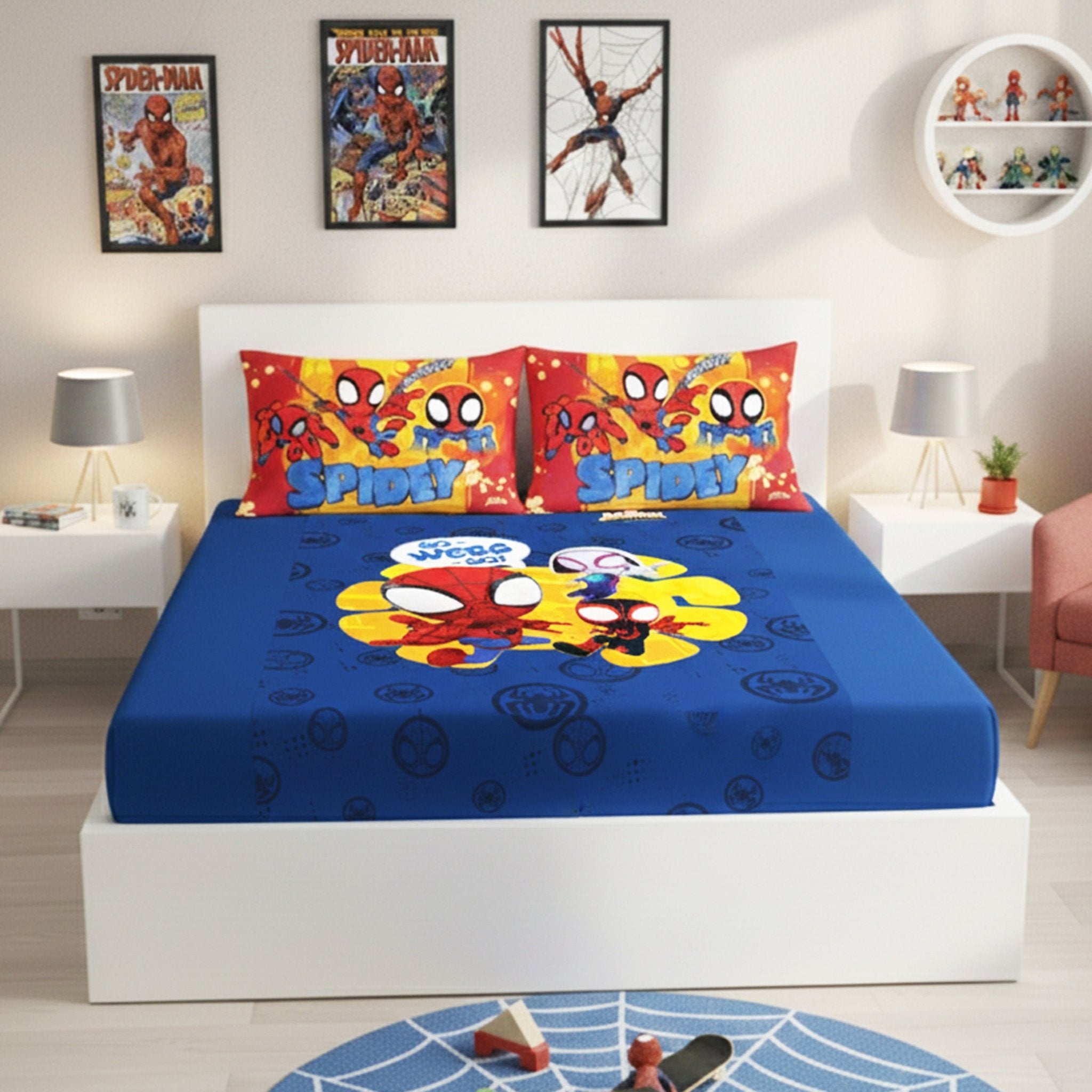 Marvel Spiderman Go Webs Go cotton kids Double bedsheet with 2 Pillow Covers by Athom Living - Athom Living
