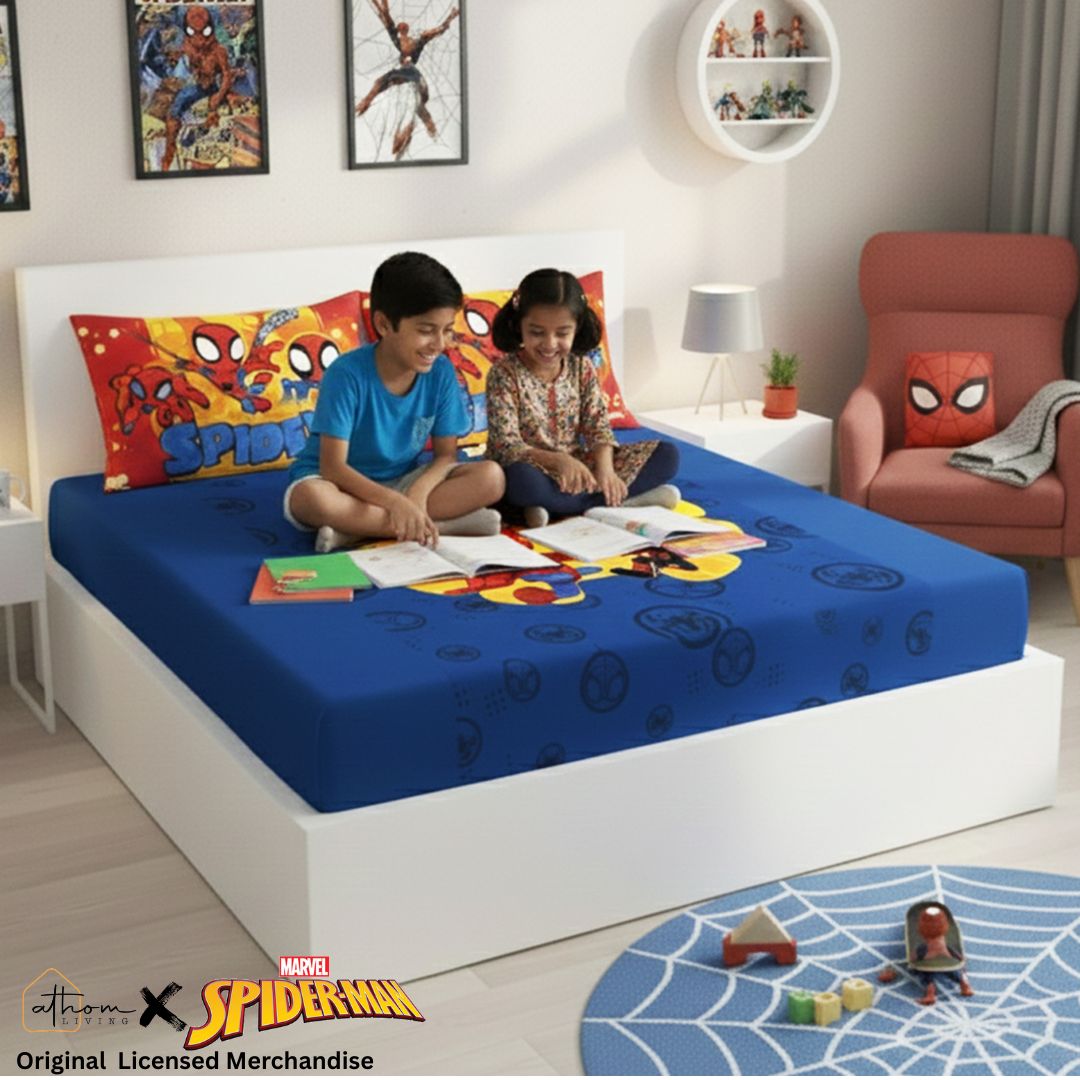 Marvel Spiderman Go Webs Go cotton kids Double bedsheet with 2 Pillow Covers by Athom Living - Athom Living