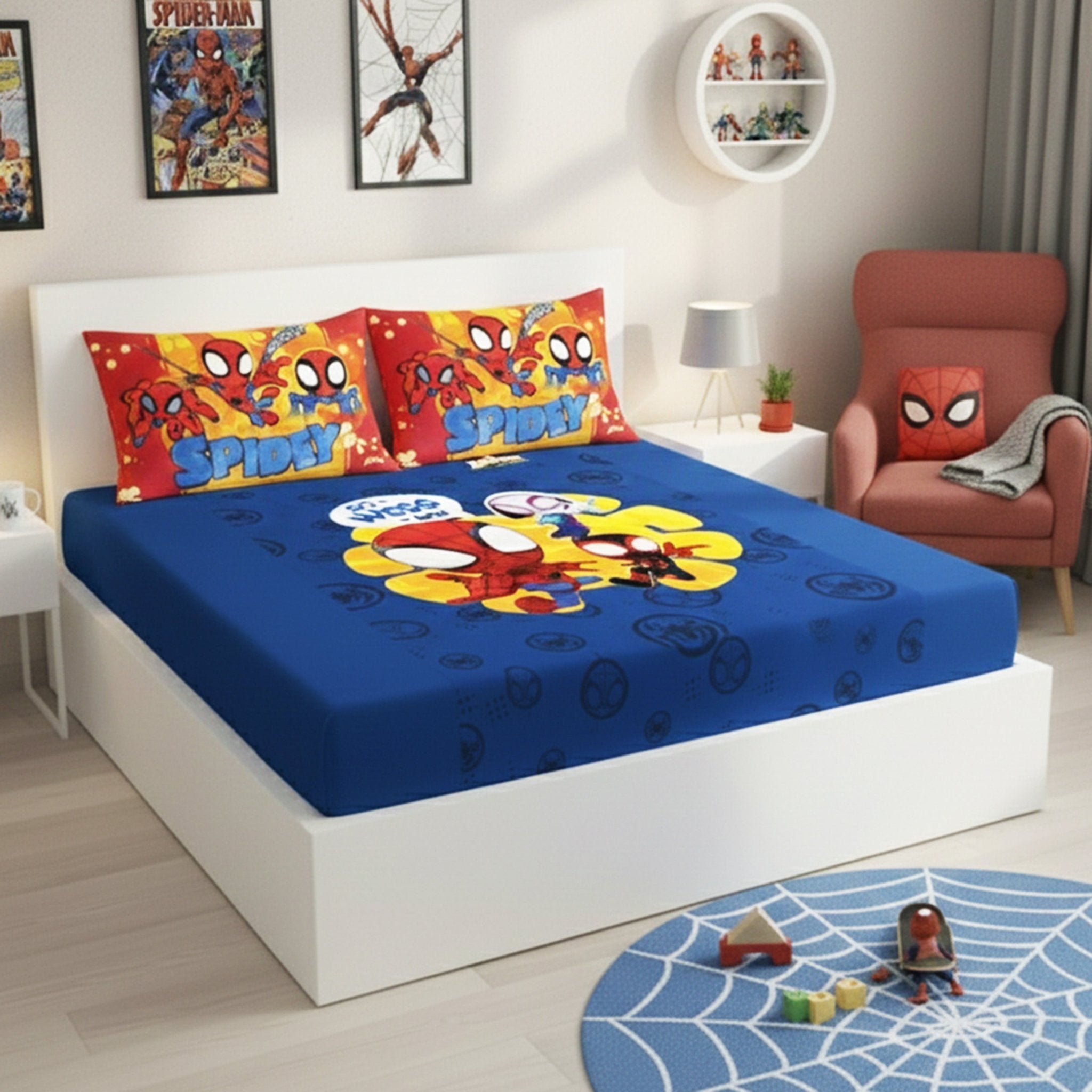 Marvel Spiderman Go Webs Go cotton kids Double bedsheet with 2 Pillow Covers by Athom Living - Athom Living