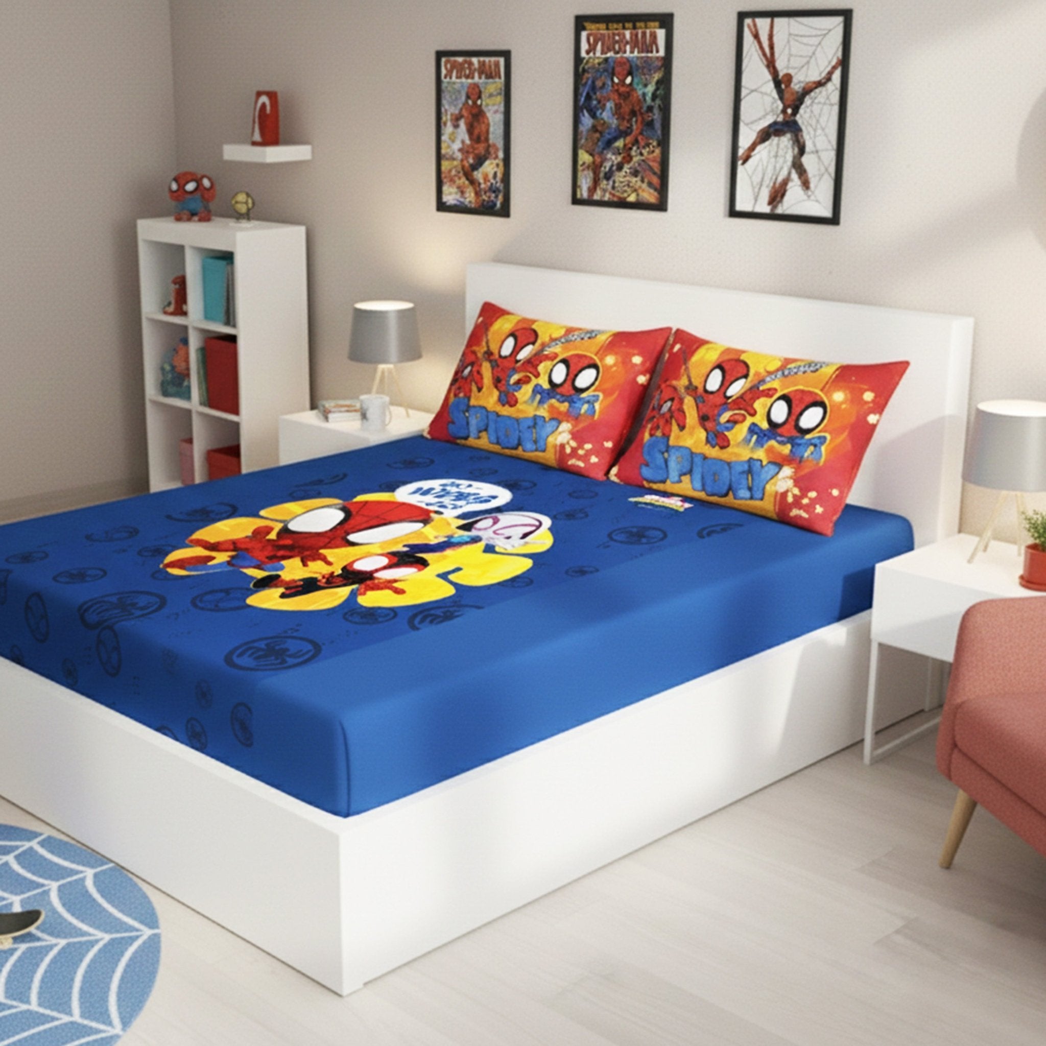 Marvel Spiderman Go Webs Go cotton kids Double bedsheet with 2 Pillow Covers by Athom Living - Athom Living