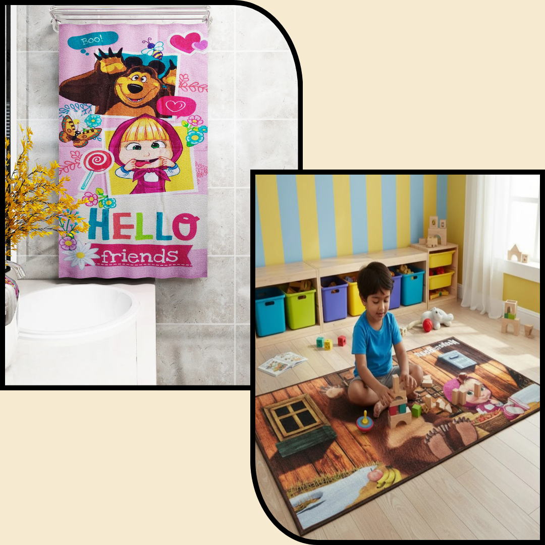 Masha and The Bear Kids Bath Towel and Kids Carpet Combo - Pack of 2 by Athom Living - Athom Living