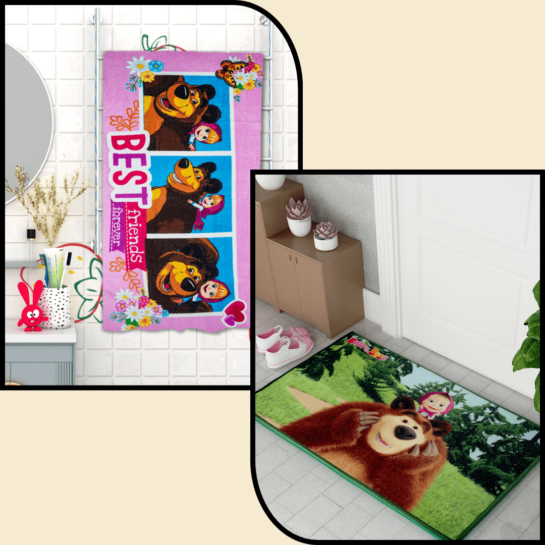 Masha and The Bear Kids Bath Towel and Kids Doormat by Combo - Pack of 2 by Athom Living - Athom Living