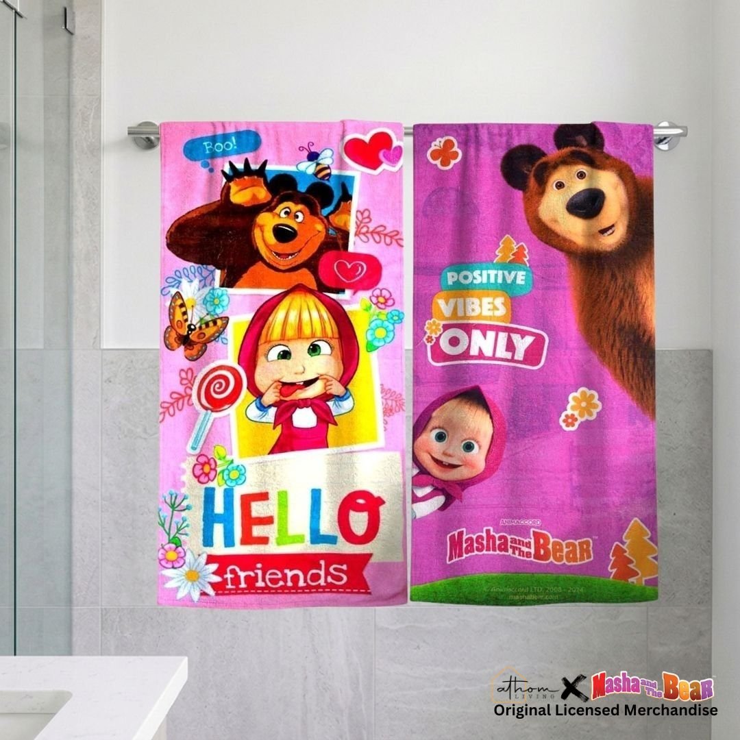 Masha And The Bear Kids Bath Towel Pack of 2 Soft Absorbent Design Set by Athom Living - Athom Living