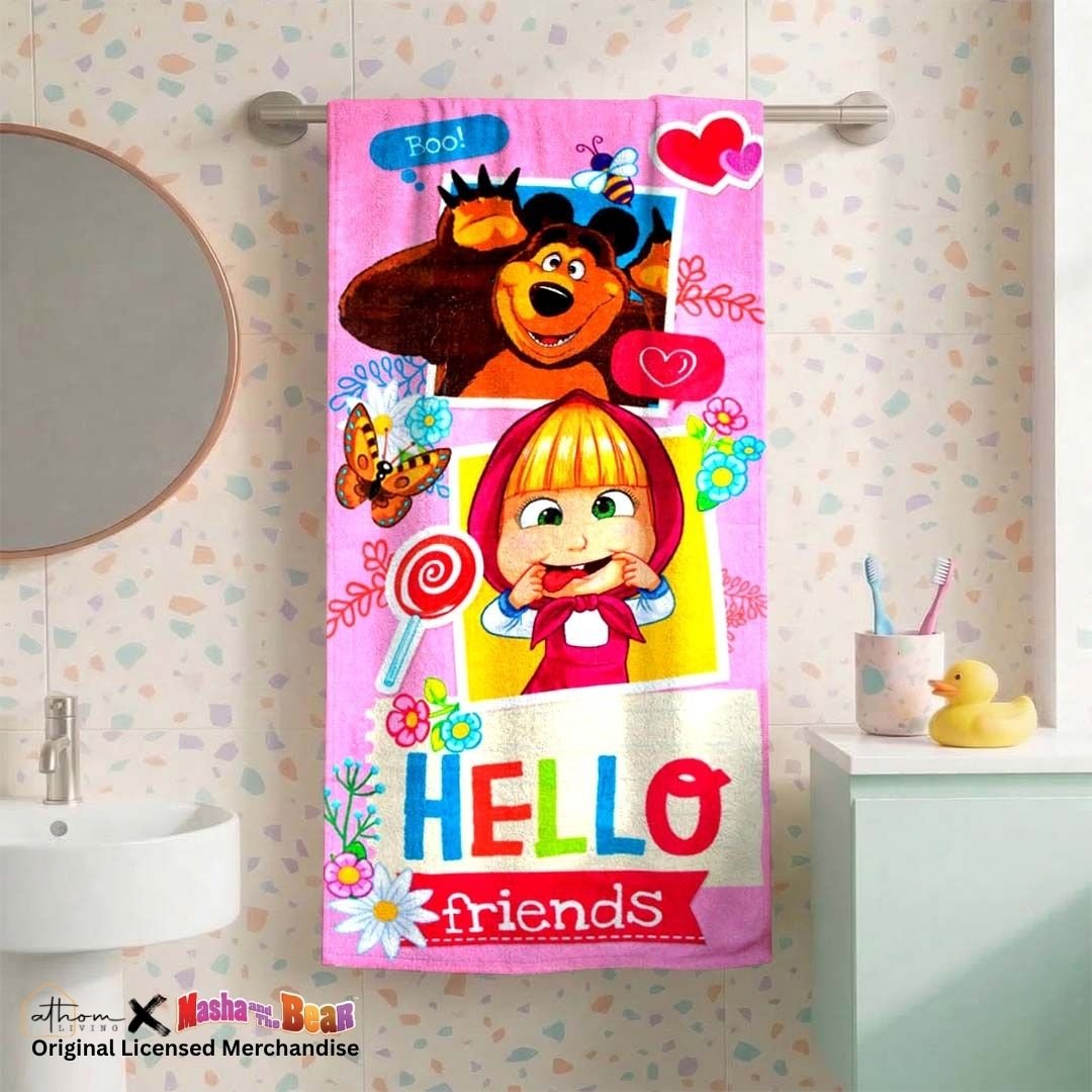 Masha & The Bear Kids Pink Bath Towel Premium Quality Athom Living - Athom Living