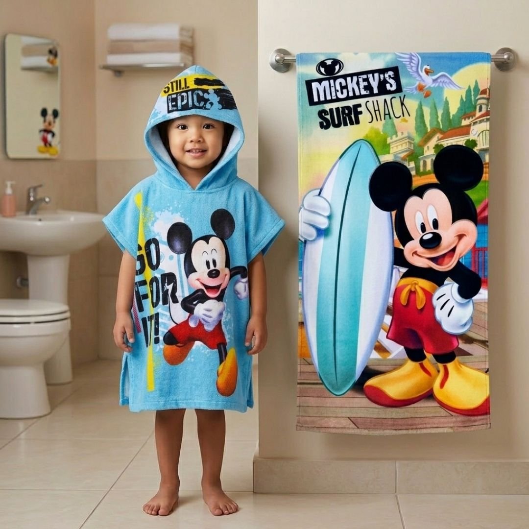 Mickey Mouse Blue Kids Hooded and Bath Towel Combo by Athom Living - Athom Living