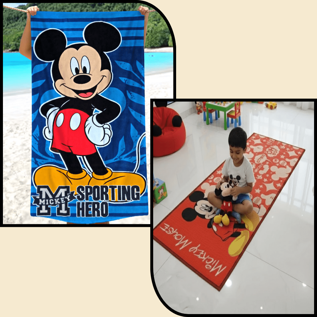 Mickey Mouse Kids Bath Towel and Kids Runner Carpet Combo Pack of 2 by Athom Living - Athom Living