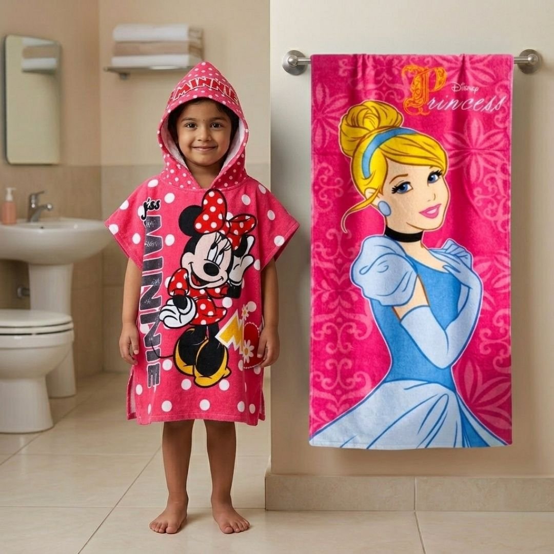 Minnie Mouse Kids Hooded and Disney Princess Bath Towel Combo by Athom Living - Athom Living