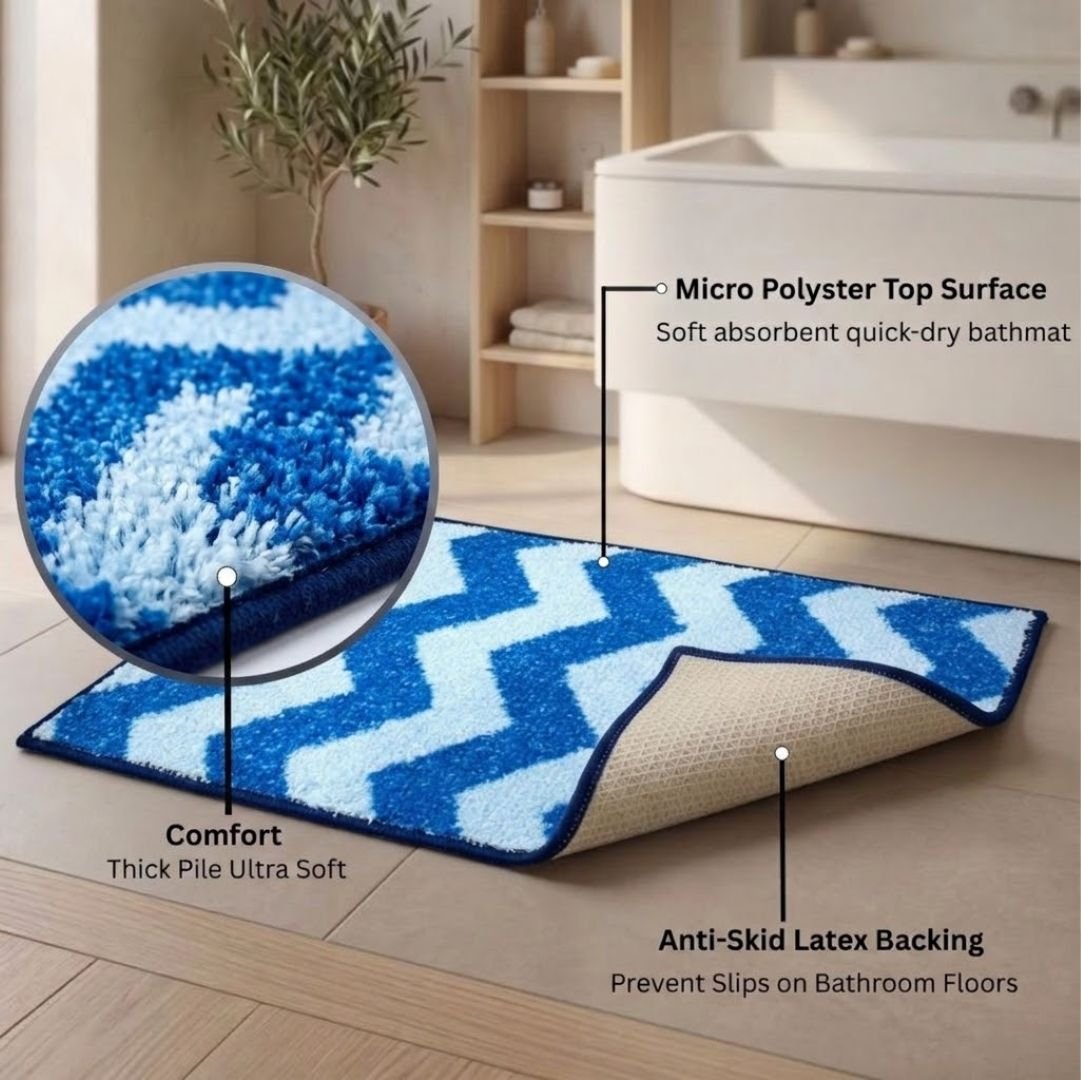 Navy Blue Micro Designer Soft Anti Slip Bath Mat Set of 2 by Athom Living - Athom Living