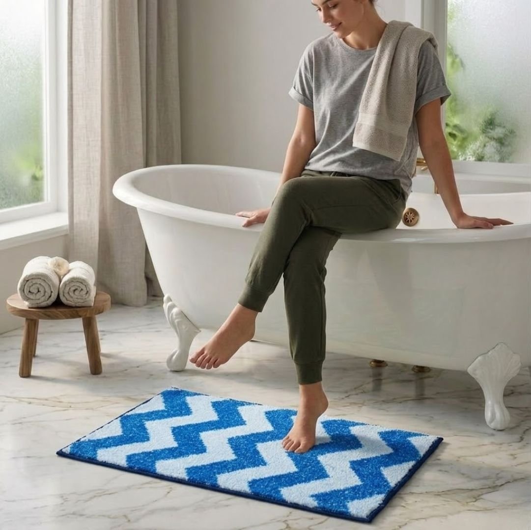 Navy Blue Micro Designer Soft Anti Slip Bath Mat Set of 2 by Athom Living - Athom Living