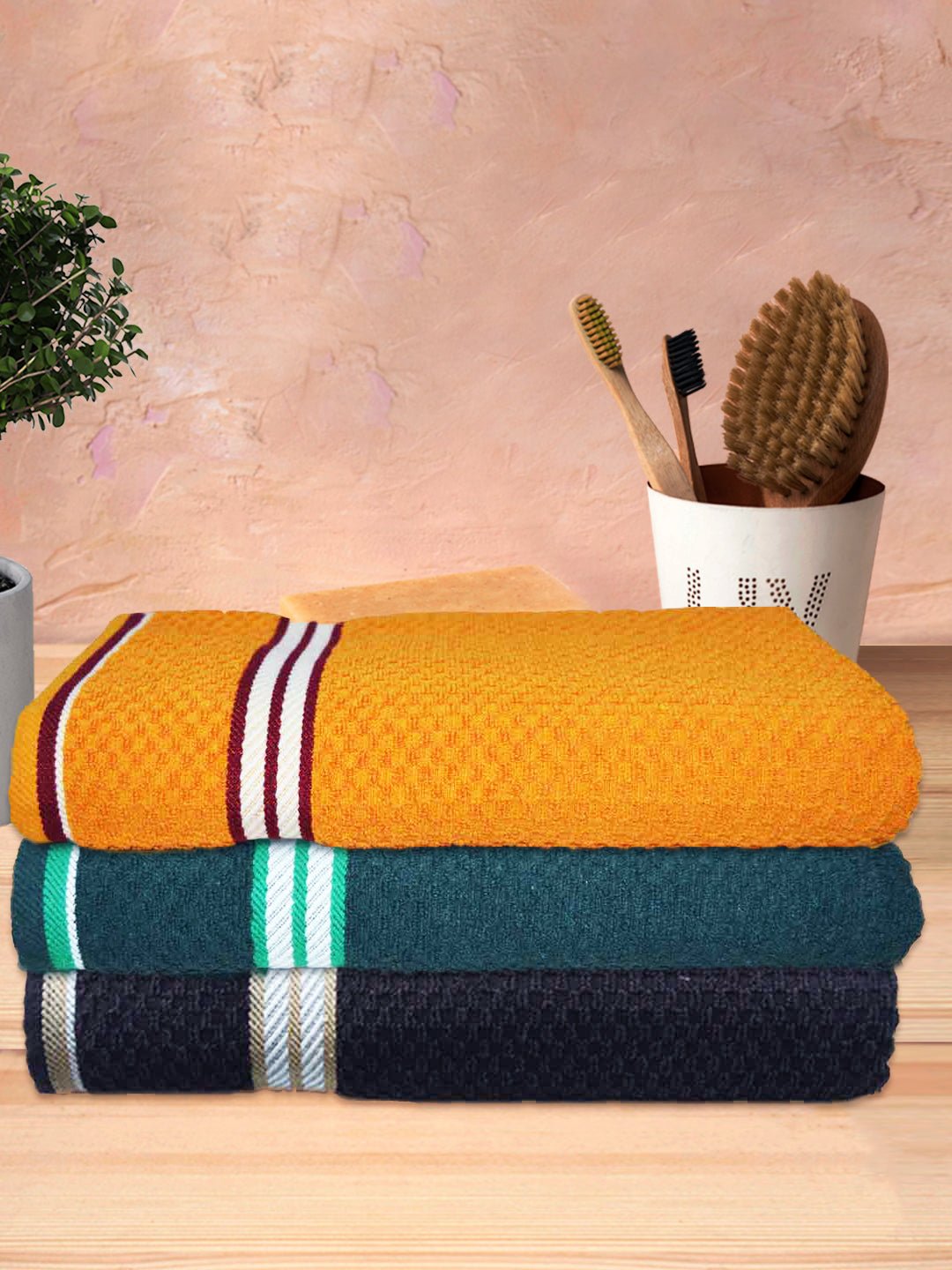 Orange Green & Brown Popcorn Textured Solid Bath Towel (Pack of 3) by Athom Living - Athom Living