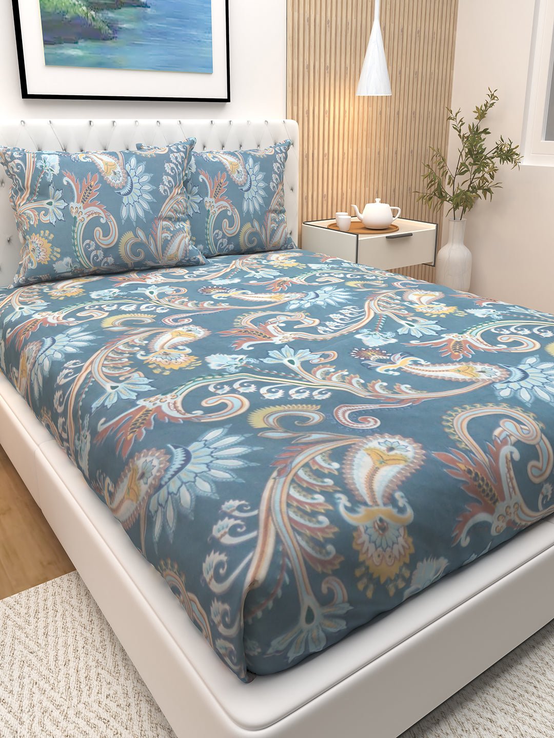Peacock Blue Floral Microplants Cotton Double Bedsheet with 2 Pillow Covers by Athom Living - Athom Living