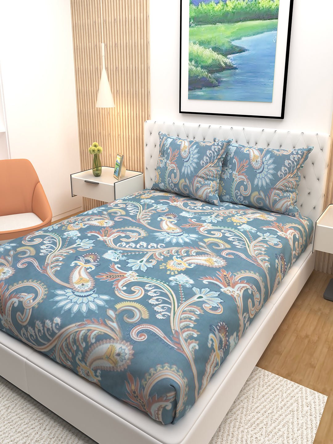 Peacock Blue Floral Microplants Cotton Double Bedsheet with 2 Pillow Covers by Athom Living - Athom Living