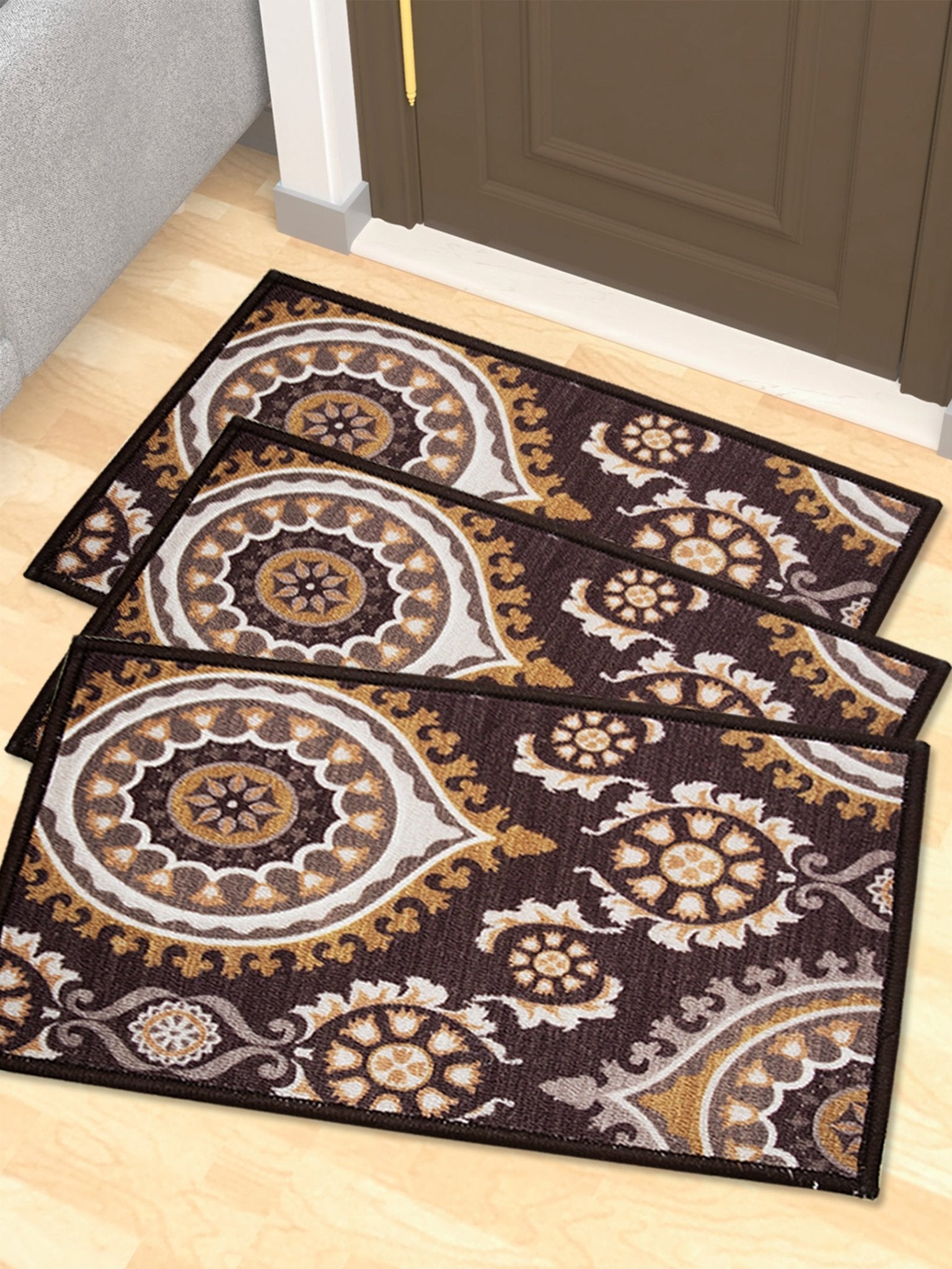 Persian Brown Premium Anti Slip Printed Door Mat Pack of 3 by Athom Living - Athom Living